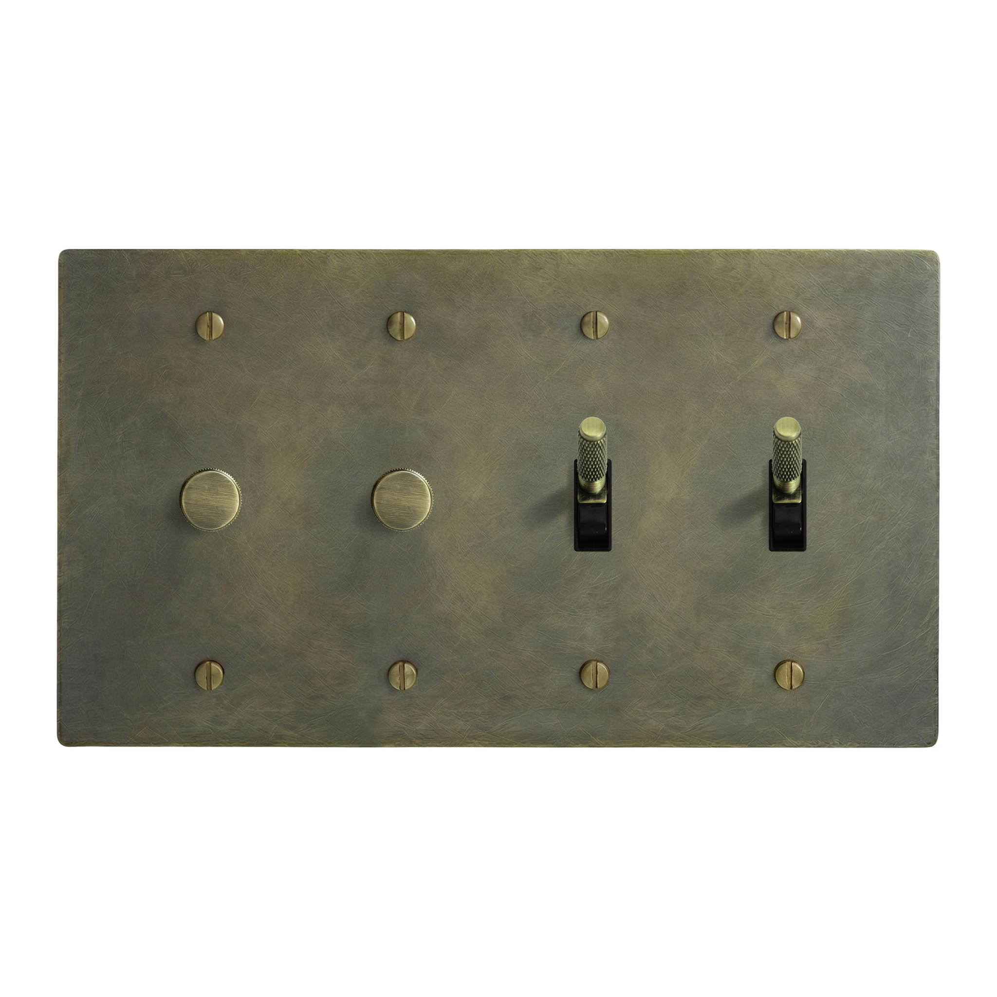 Antique Brass 4-Gang Dimmer, Dimmer, Toggle & Toggle Switch Plate in Black