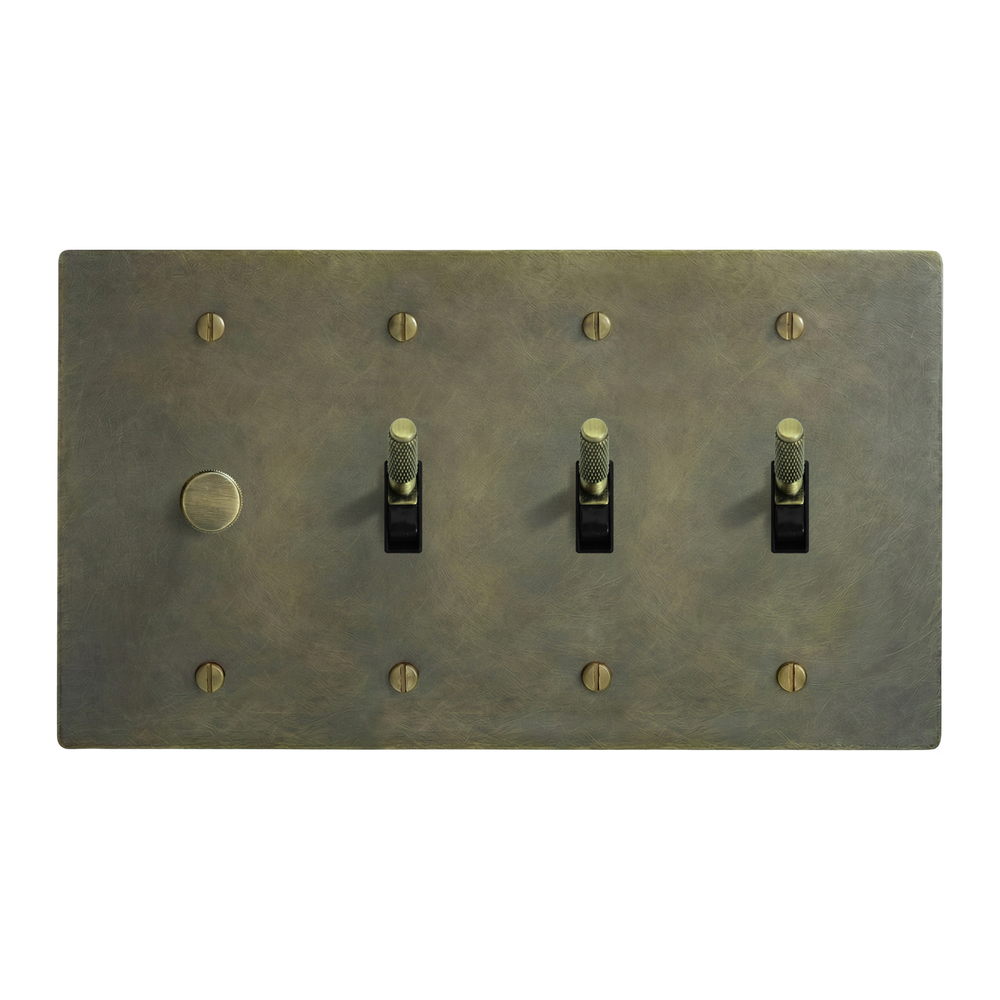 Antique Brass 4-Gang Dimmer, Toggle, Toggle & Toggle Switch Plate in Black