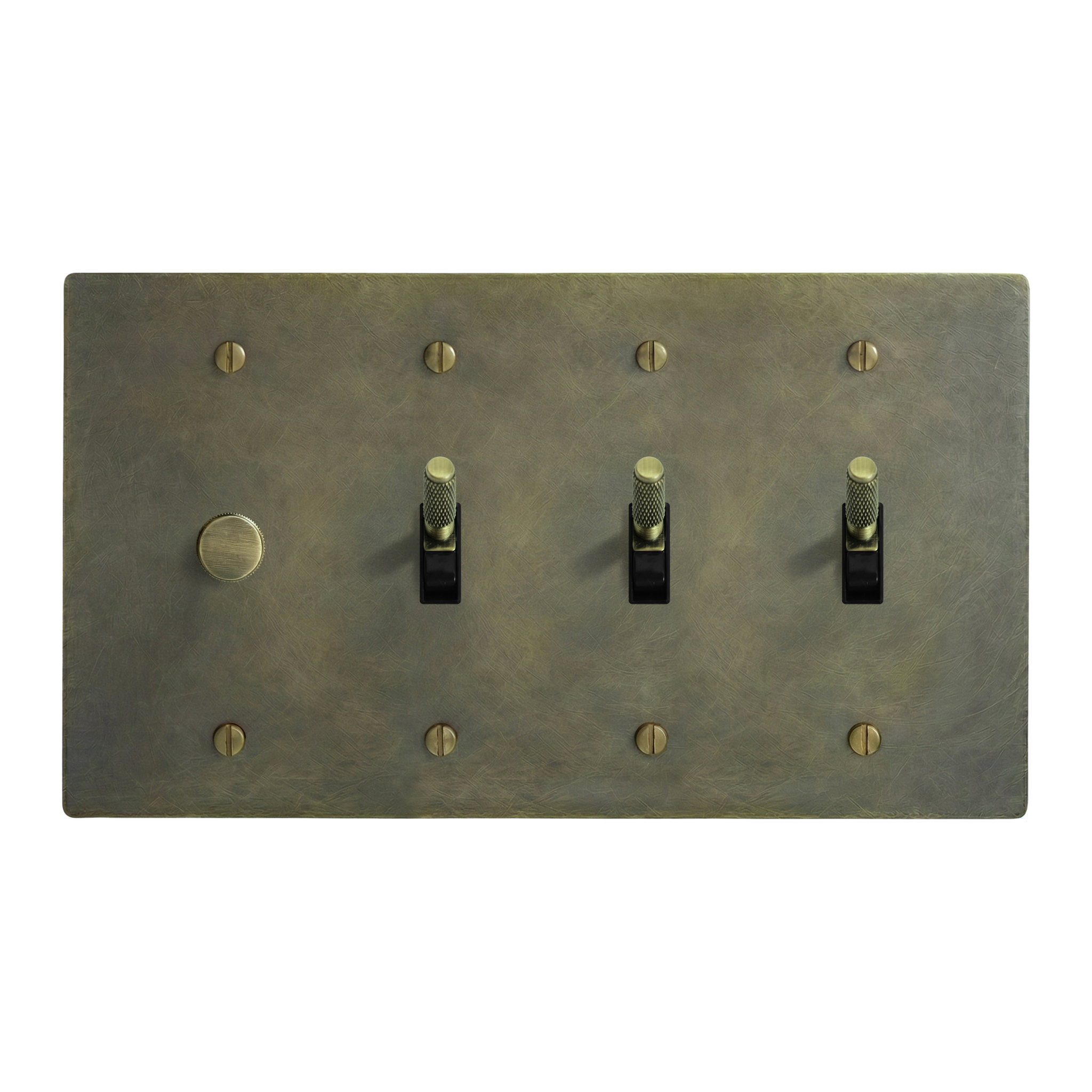 Antique Brass 4-Gang Dimmer, Toggle, Toggle & Toggle Switch Plate in Black