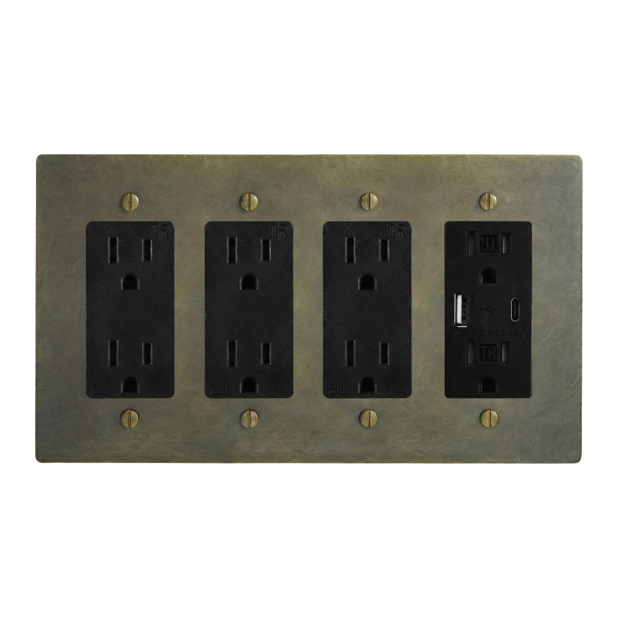 Antique Brass 4-Gang Duplex Outlet, Duplex Outlet, Duplex Outlet & USB Outlet Switch Plate in Black