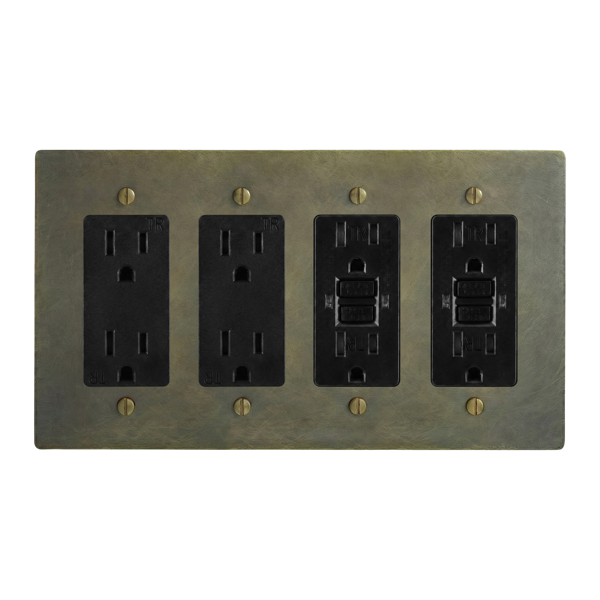 Antique Brass 4-Gang Duplex Outlet, Duplex Outlet, GFCI Outlet & GFCI Outlet Switch Plate in Black