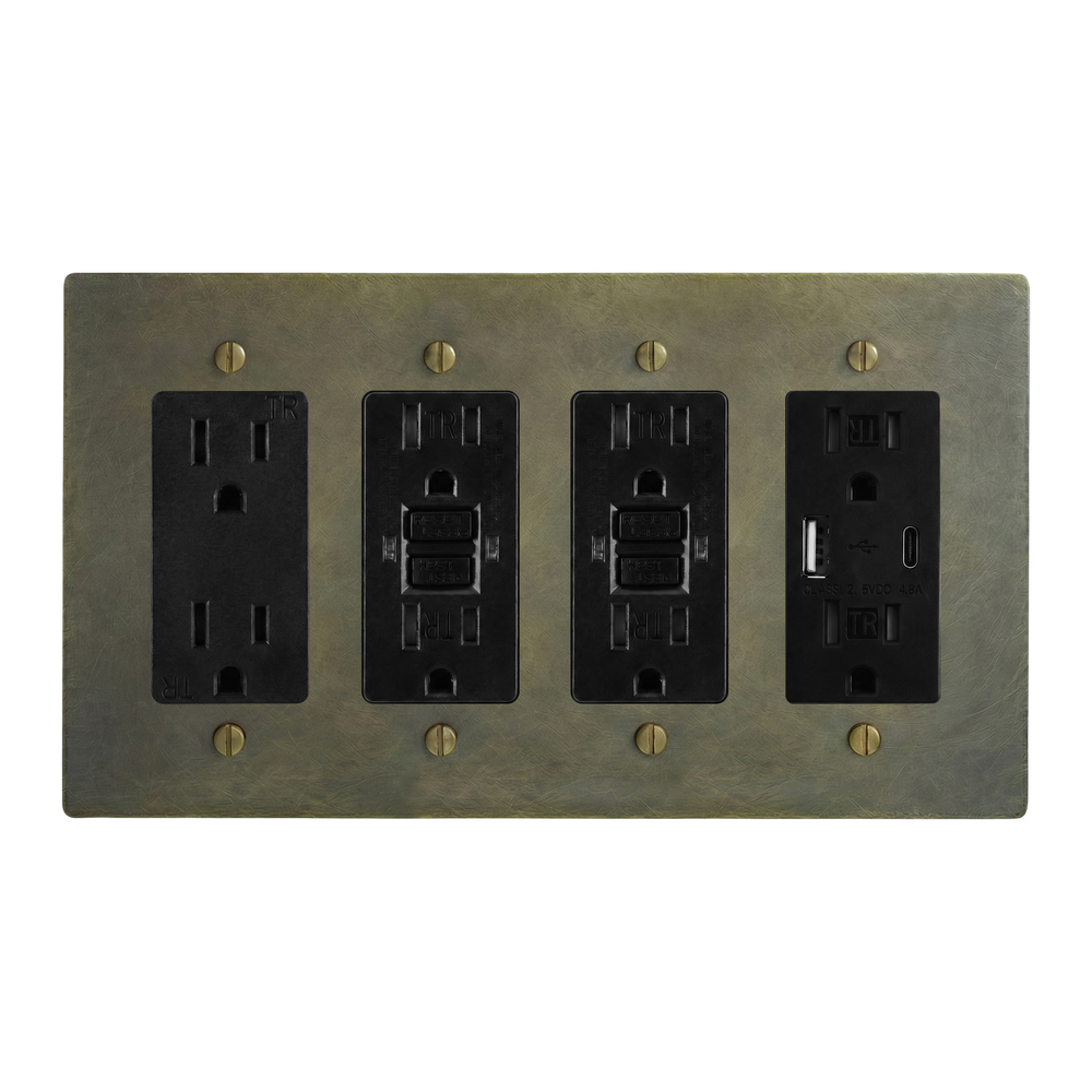 Antique Brass 4-Gang Duplex Outlet, GFCI Outlet, GFCI Outlet & USB Outlet Switch Plate in Black