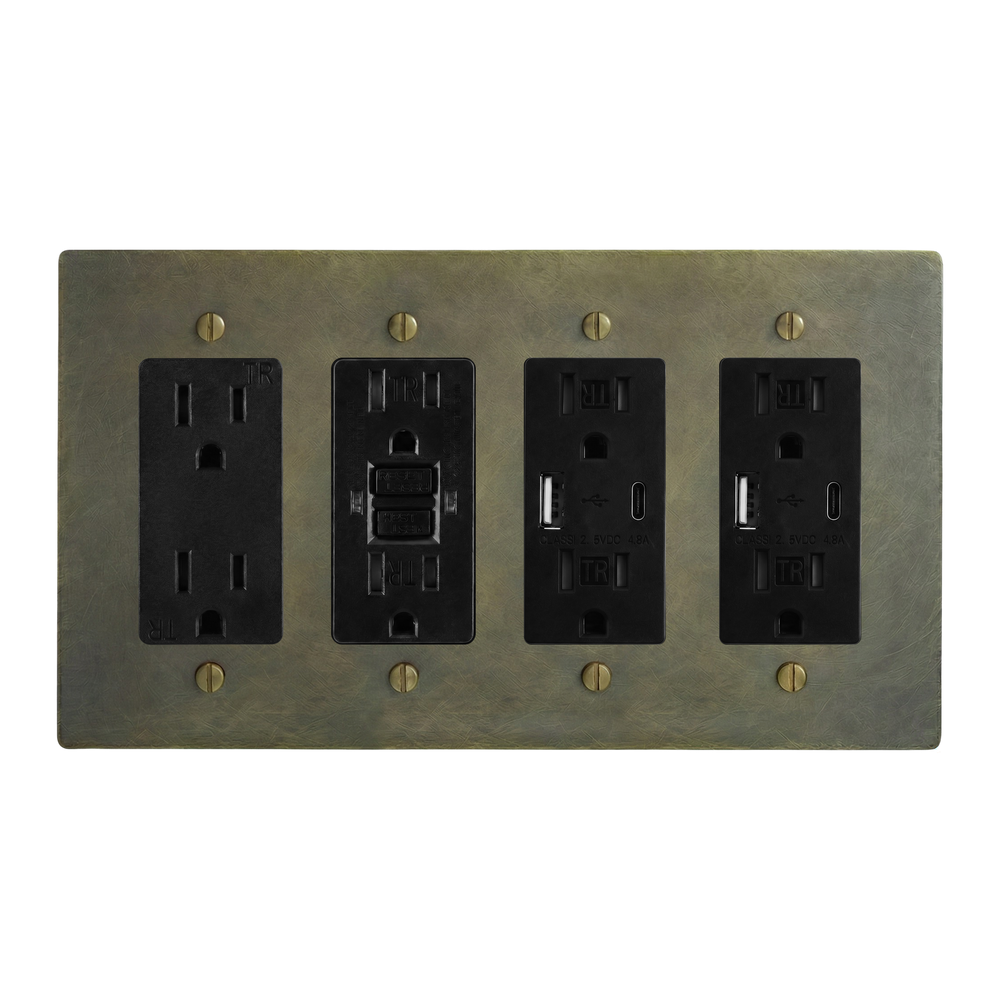 Antique Brass 4-Gang Duplex Outlet, GFCI Outlet, USB Outlet & USB Outlet Switch Plate in Black