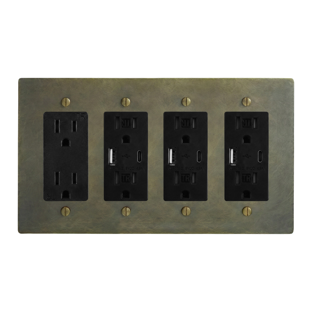 Antique Brass 4-Gang Duplex Outlet, USB Outlet, USB Outlet & USB Outlet Switch Plate in Black