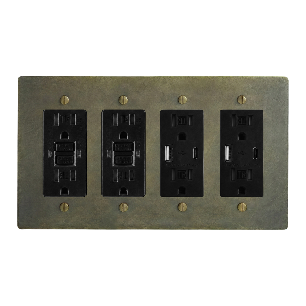 Antique Brass 4-Gang GFCI Outlet, GFCI Outlet, USB Outlet & USB Outlet Switch Plate in Black