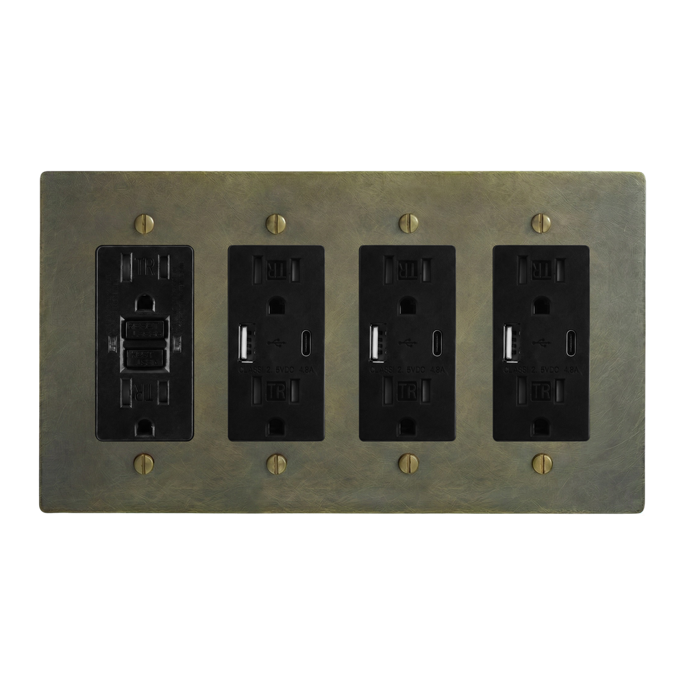 Antique Brass 4-Gang GFCI Outlet, USB Outlet, USB Outlet & USB Outlet Switch Plate in Black