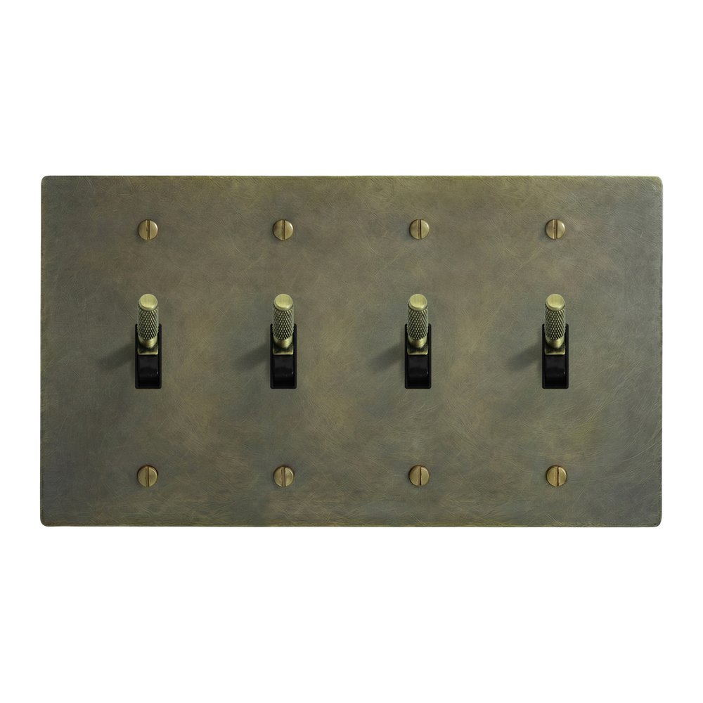 Antique Brass 4-Gang Toggle, Toggle, Toggle & Toggle Switch Plate in Black