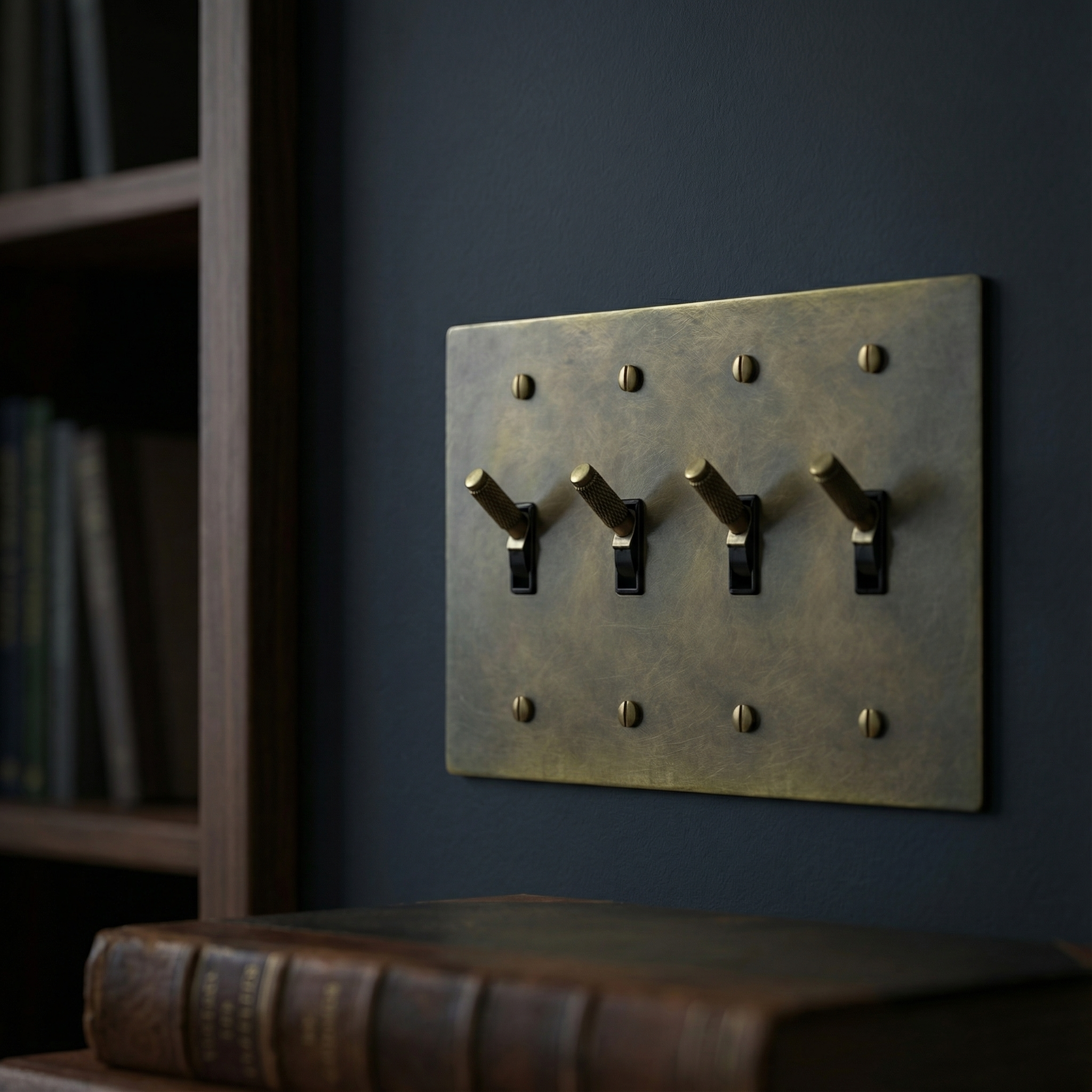 Antique brass 4 gang toggle switch plate in a dark, luxurious study with a bookshelf and leather-bound book.