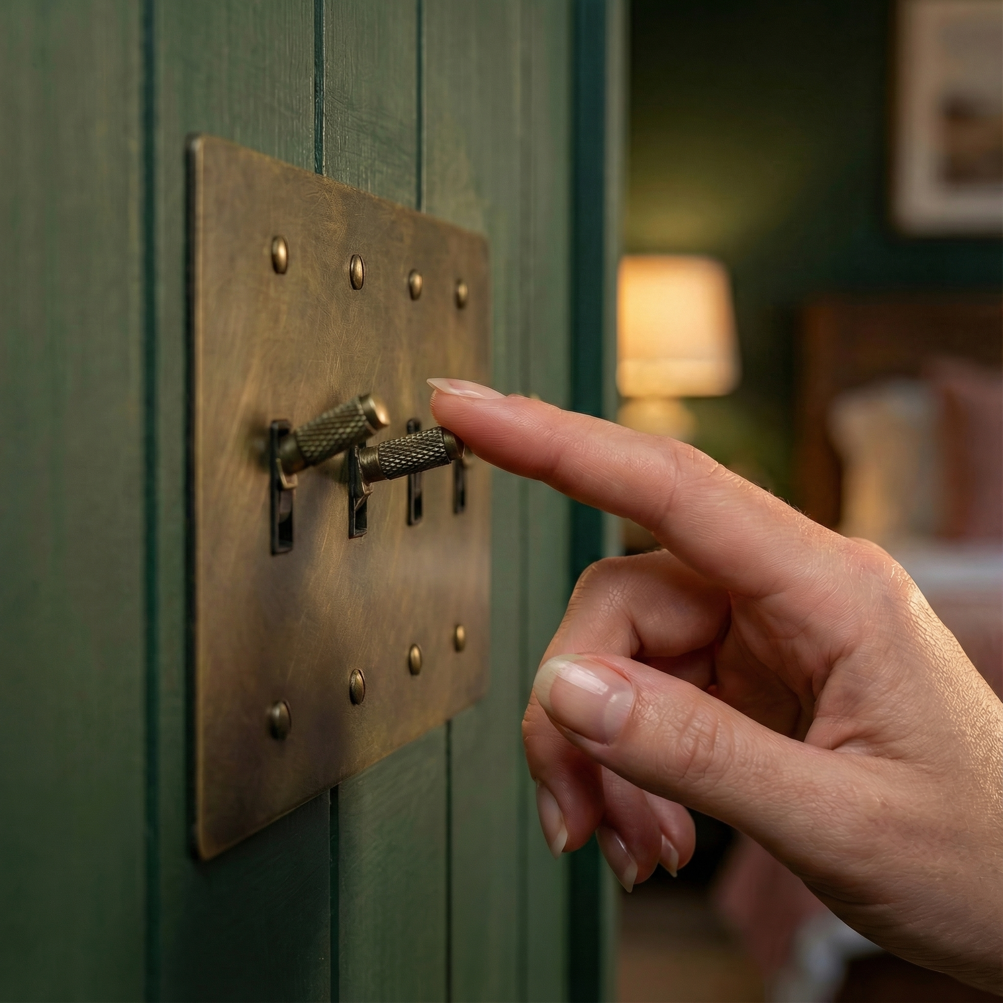 A finger activates an antique brass 4 gang toggle switch plate on a deep green wall in an elegant bedroom.
