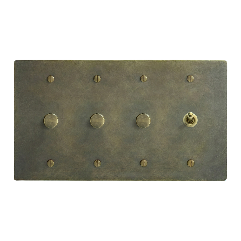 Antique Brass 4-Gang Dimmer, Dimmer, Dimmer & Vintage Toggle Switch Plate