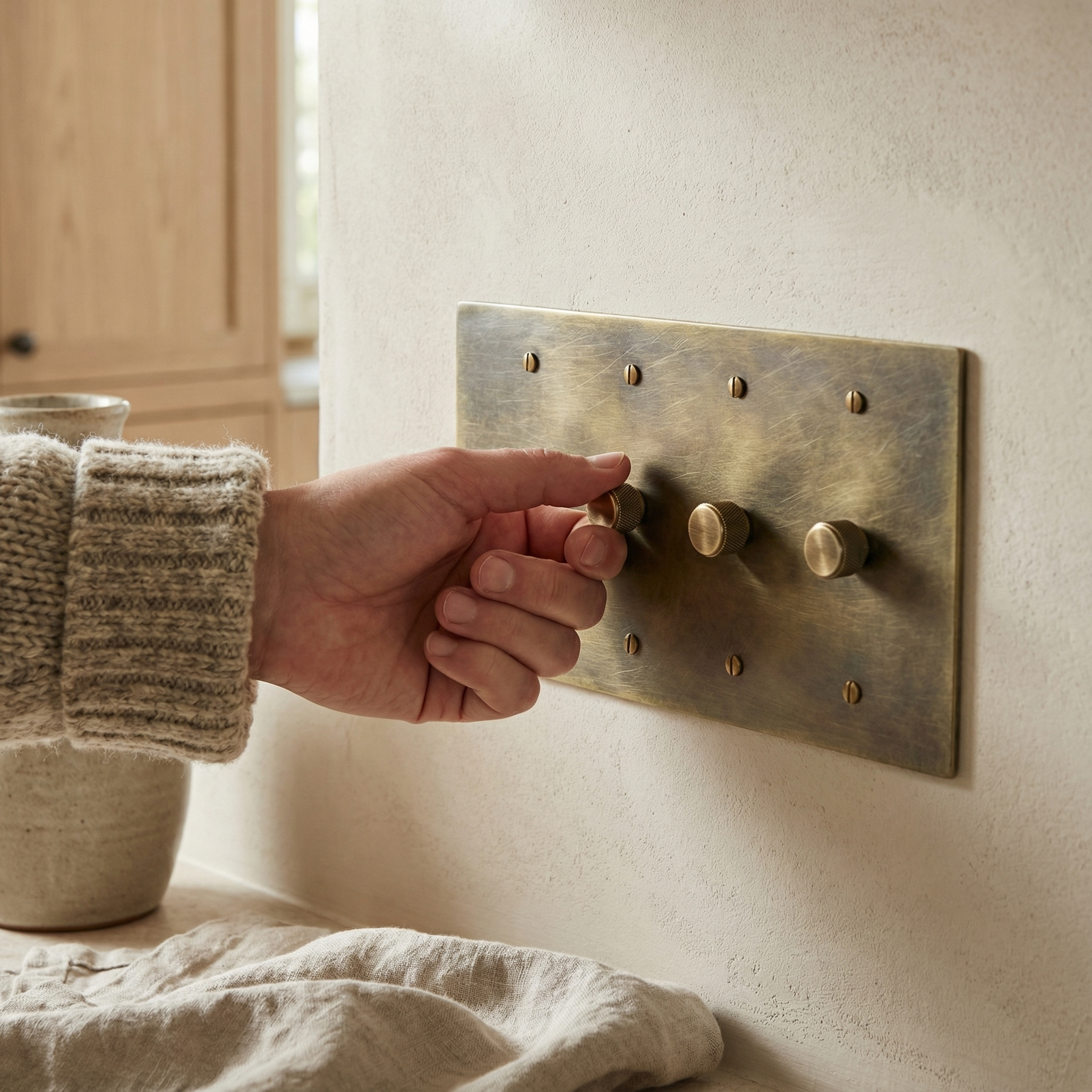 Hand adjusts an antique brass 4 gang dimmer switch plate, its knurled knobs adding tactile luxury to a timeless kitchen.
