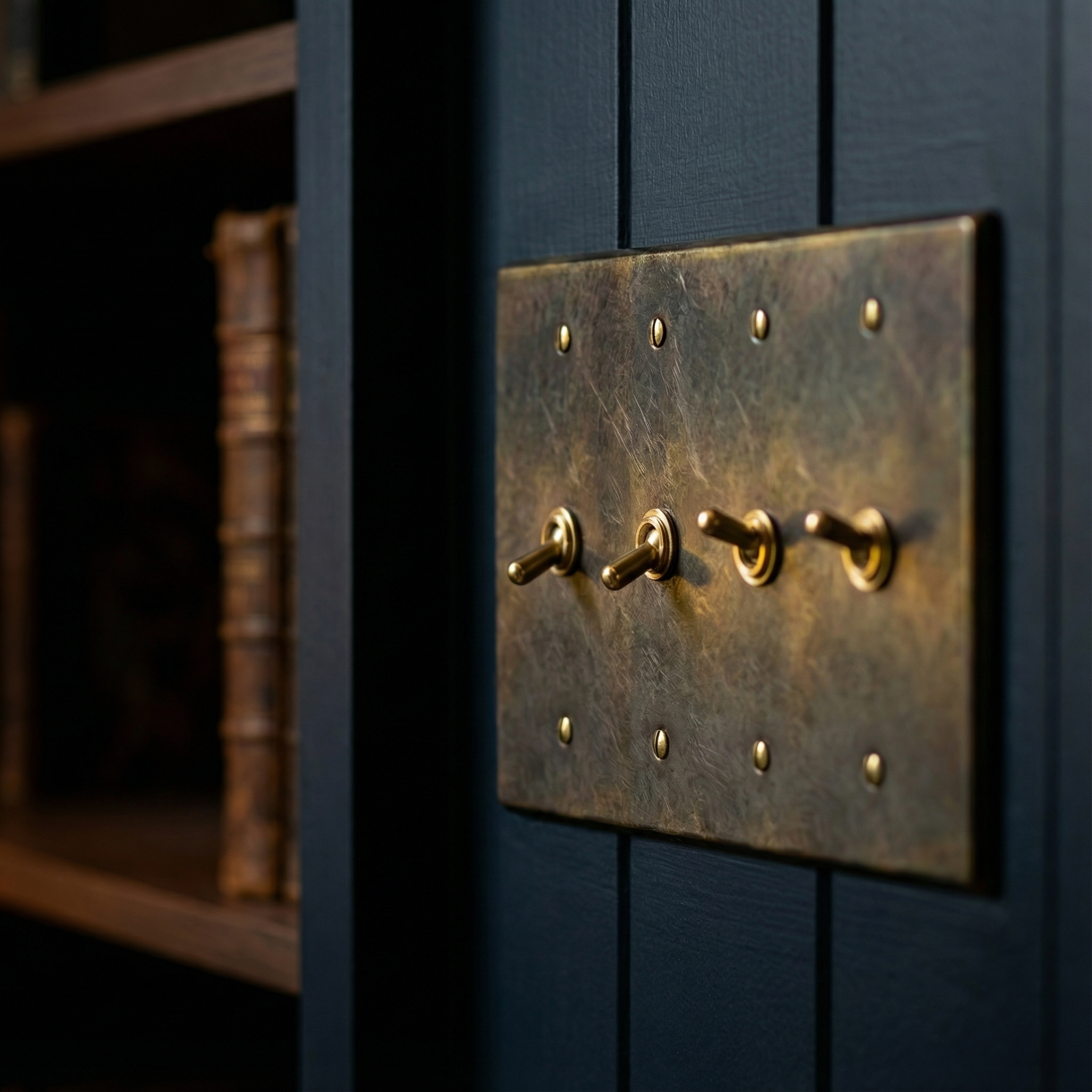 antique brass 4 gang vintage toggle switch plate on a dark paneled wall, complementing a luxurious, blurred bookshelf.