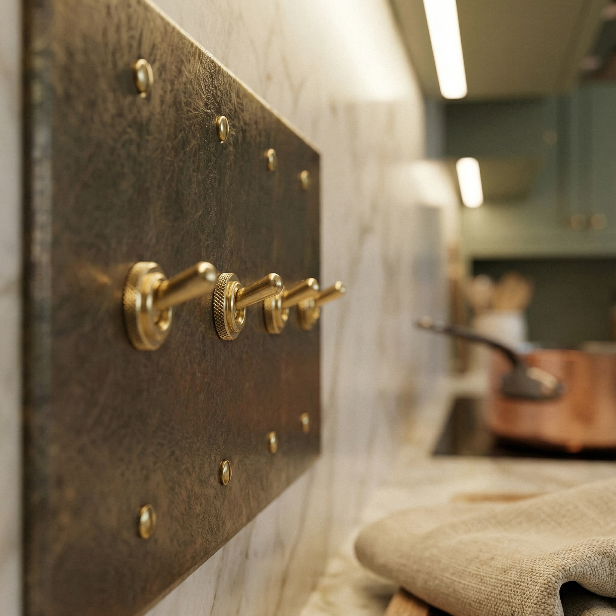The antique brass 4 gang vintage toggle switch plate adds a refined, tactile touch to a quiet luxury kitchen.