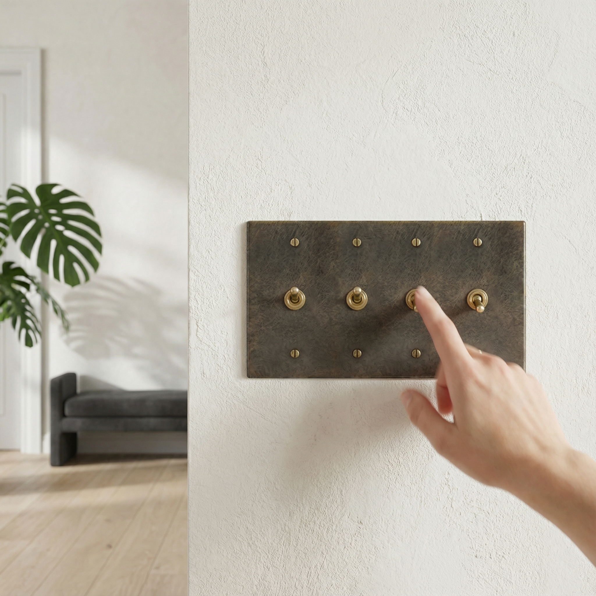 Hand touches an antique brass 4 gang vintage toggle switch plate on a textured wall in a subtly elegant room.