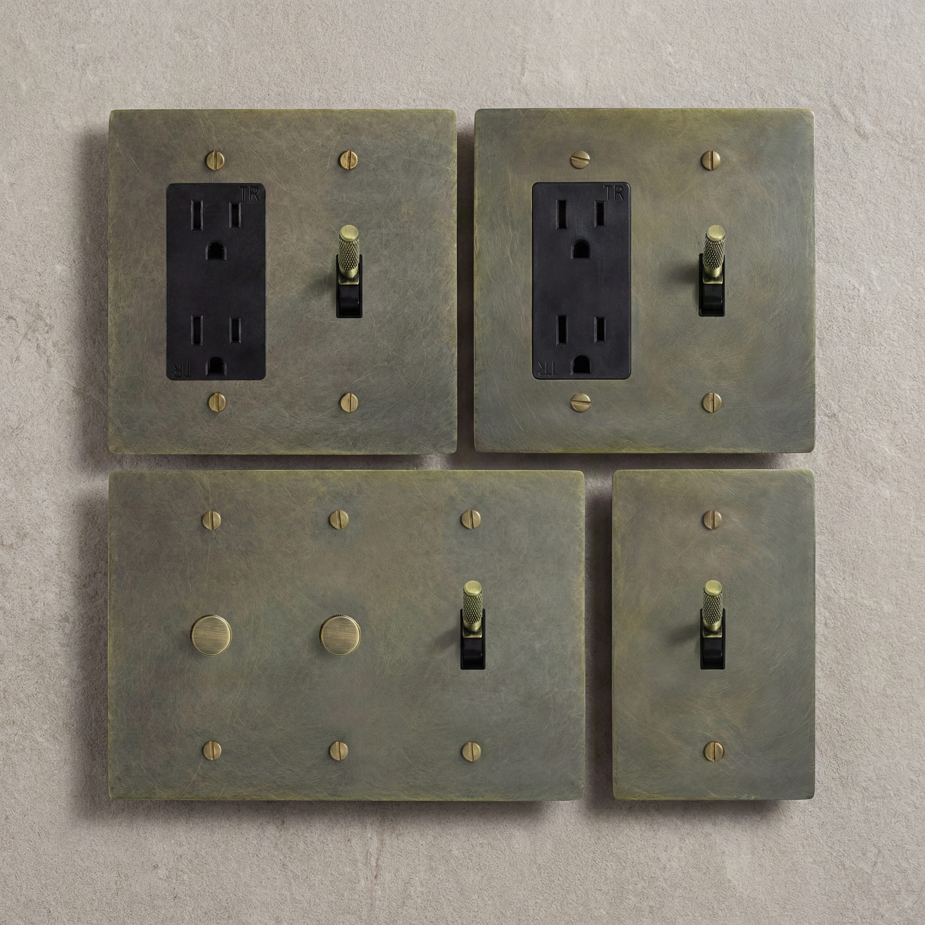 Solid brass toggle switches, rich patina, timeless design.
