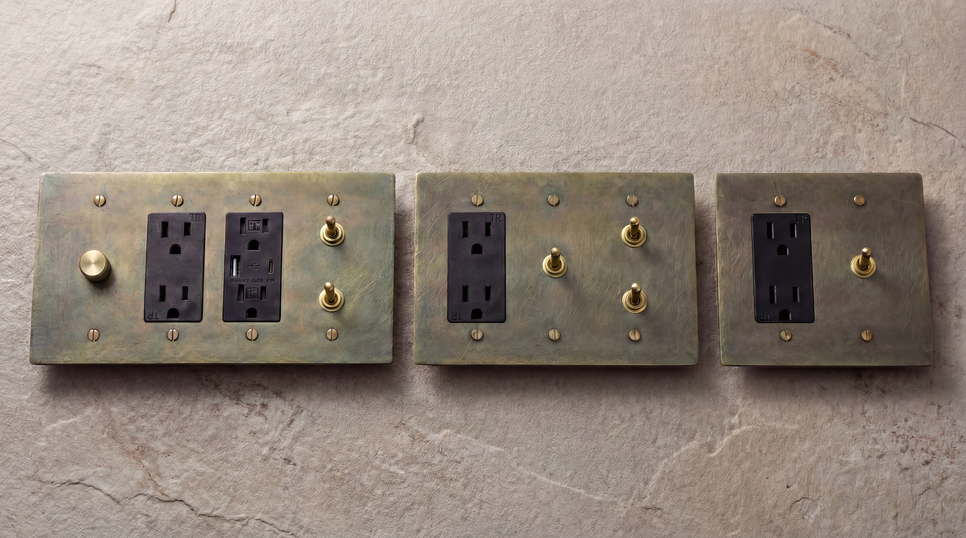 Antique Brass Vintage Toggle Switches: Heirloom patinated metal and brass toggles on a textured stone surface, evoking timeless elegance.