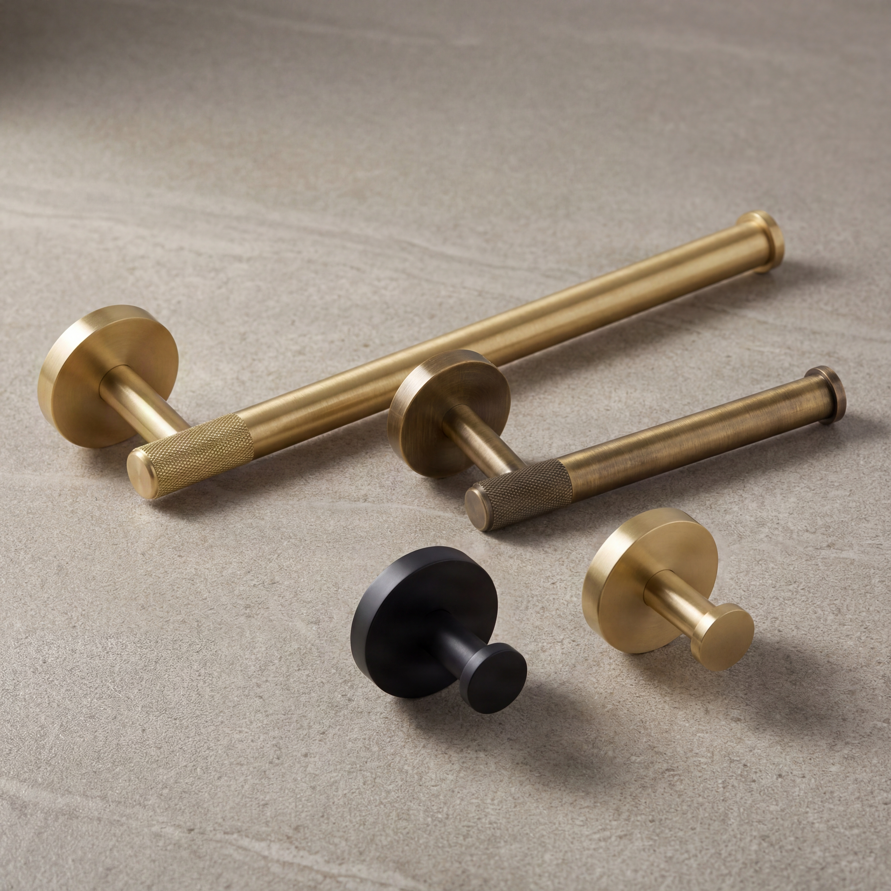 Elegant knurled brass, aged brass, and matte black hardware