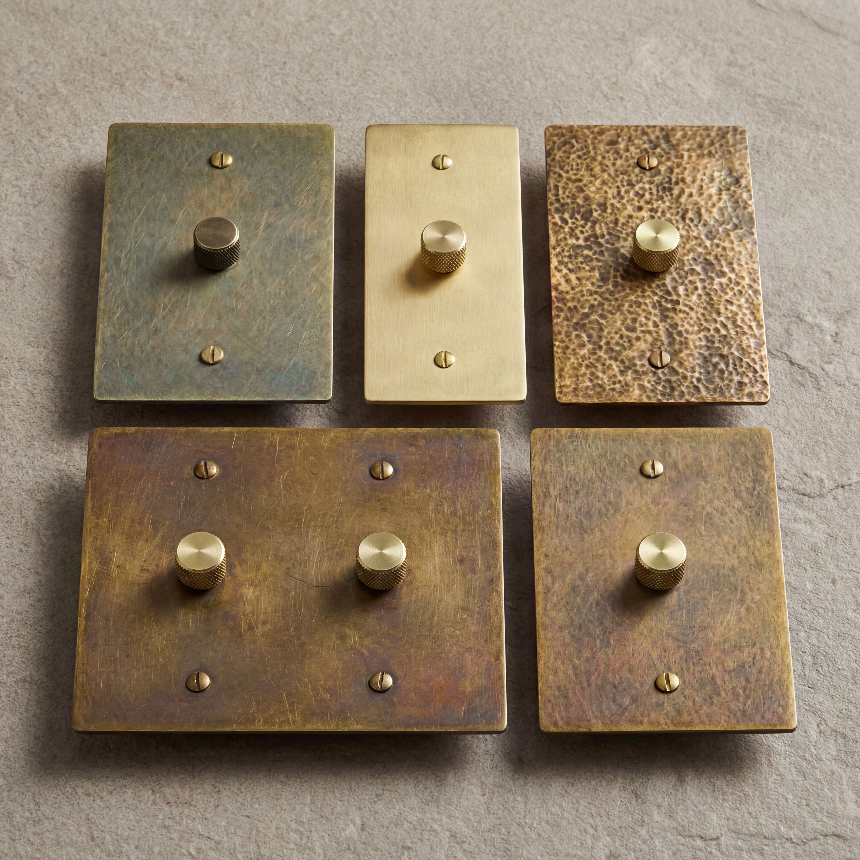 Solid brass dimmer switches in aged, antique, satin.