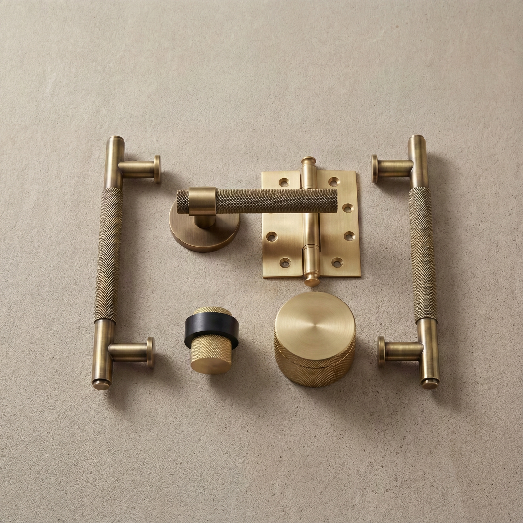 Luxurious solid brass knurled door hardware collection.