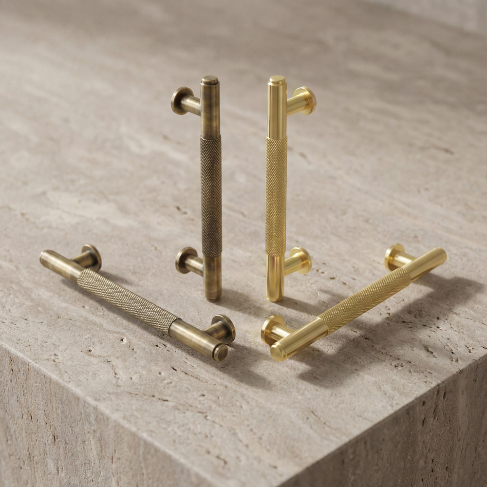 Knurled brass door pulls in aged and satin finishes