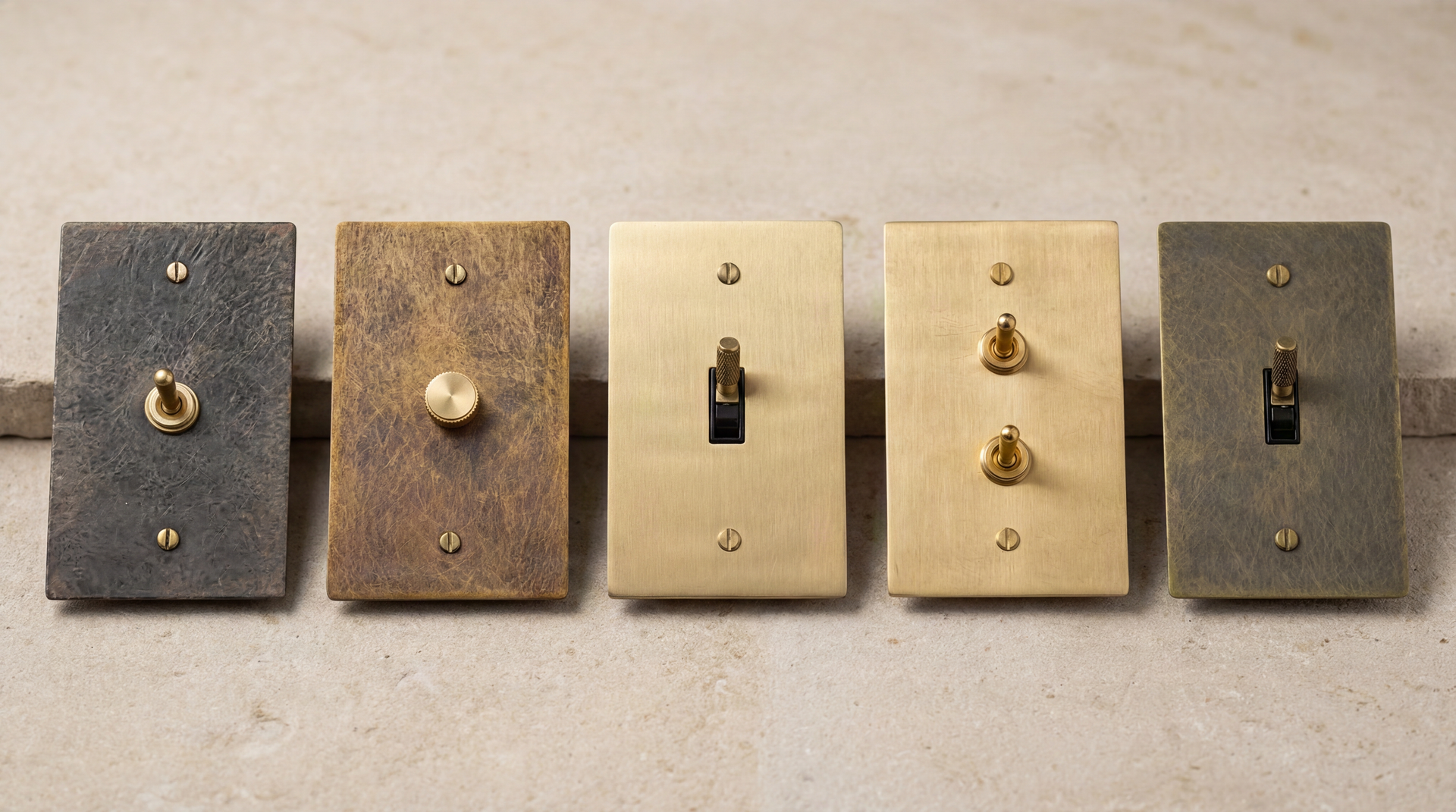 Heirloom Brass Light Switches in diverse aged, antique, and satin finishes, offering toggle and dimmer functionality.