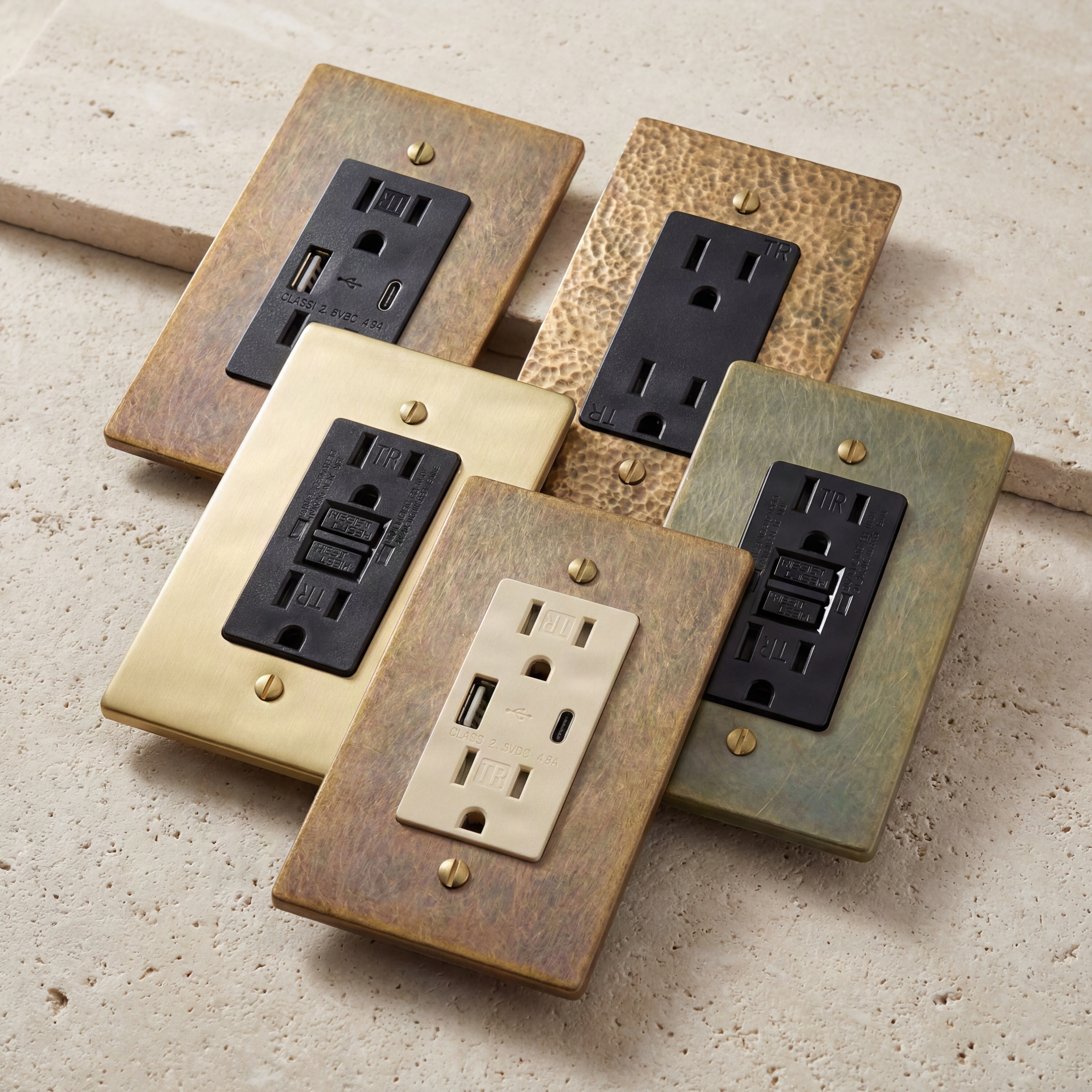 Luxury outlets: satin, aged, antique brass; USB, GFCI, duplex