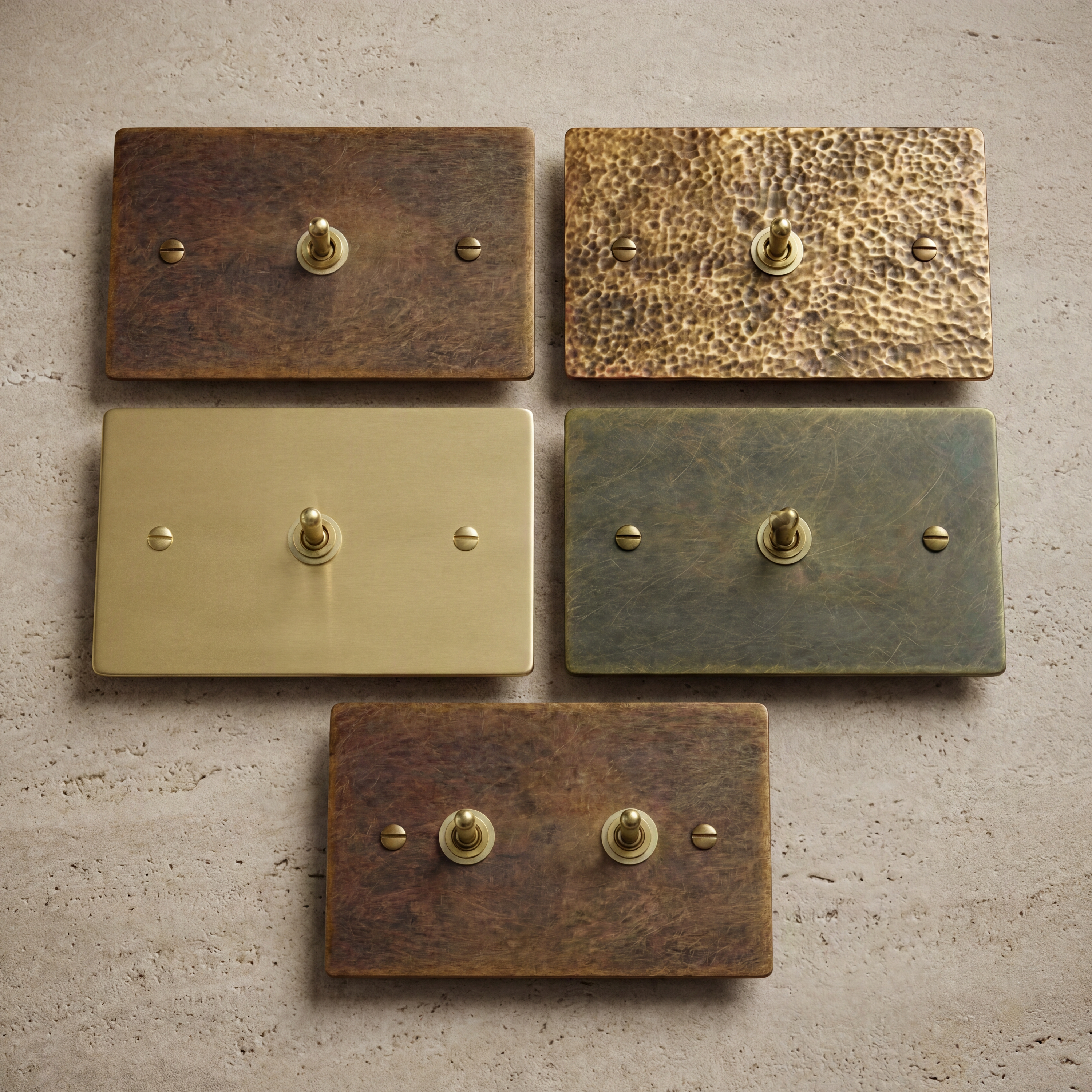 Timeless brass toggle switches with elegant living finishes.