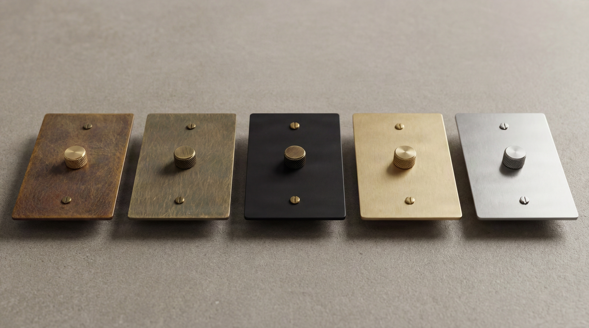 Five Metal Workz luxury Dimmer Switches: aged, antique, matte black, satin brass, satin nickel. Knurled knobs, enduring finishes.