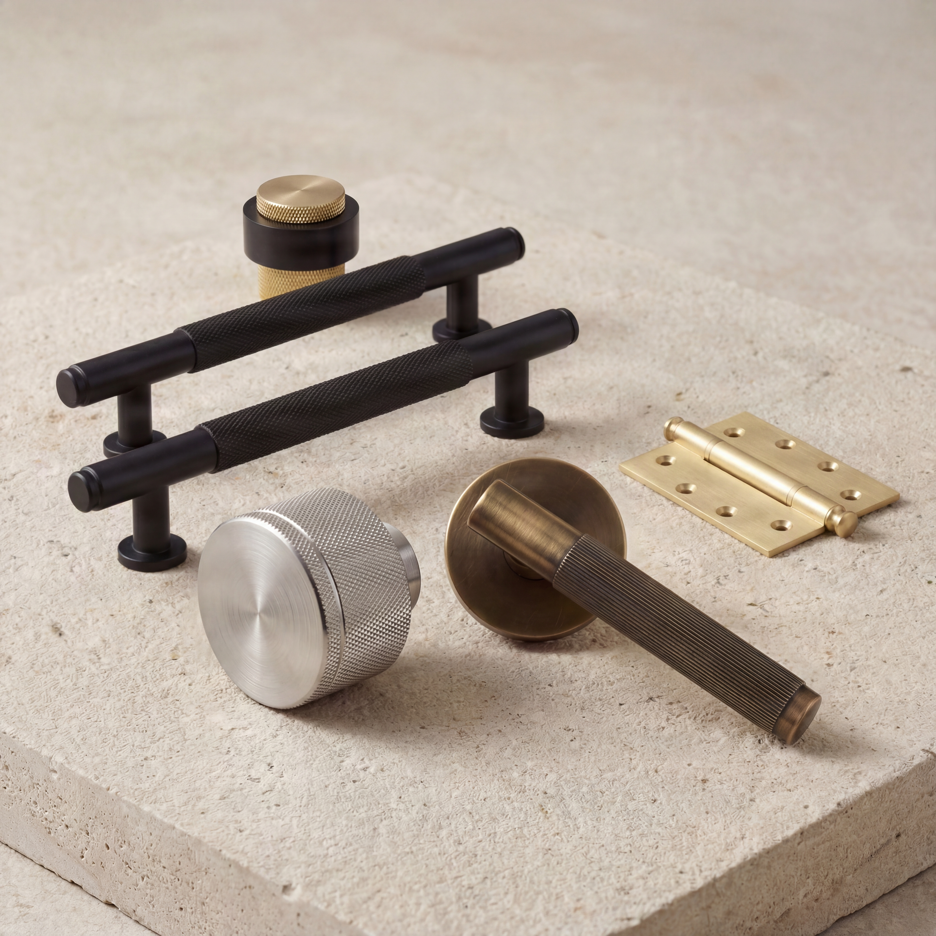 Luxury hardware in brass, black, and nickel with knurled and ribbed textures.