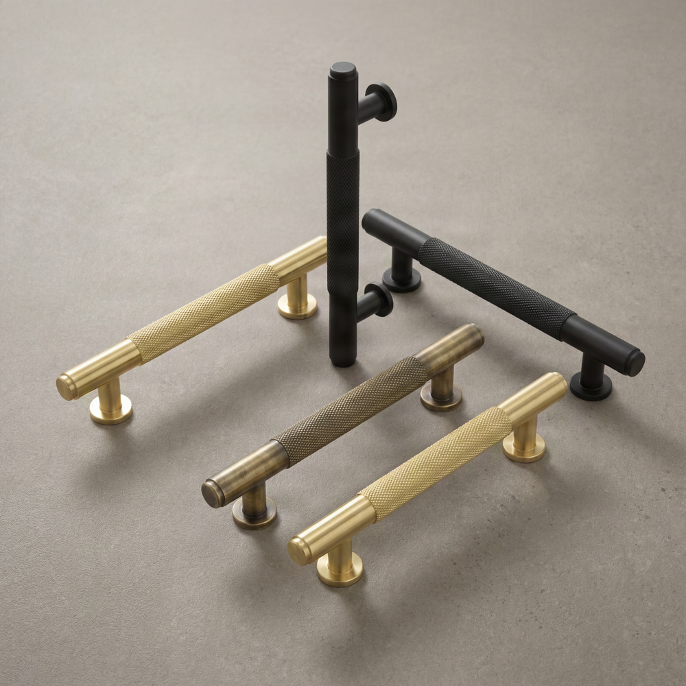 Knurled brass and matte black luxury pulls