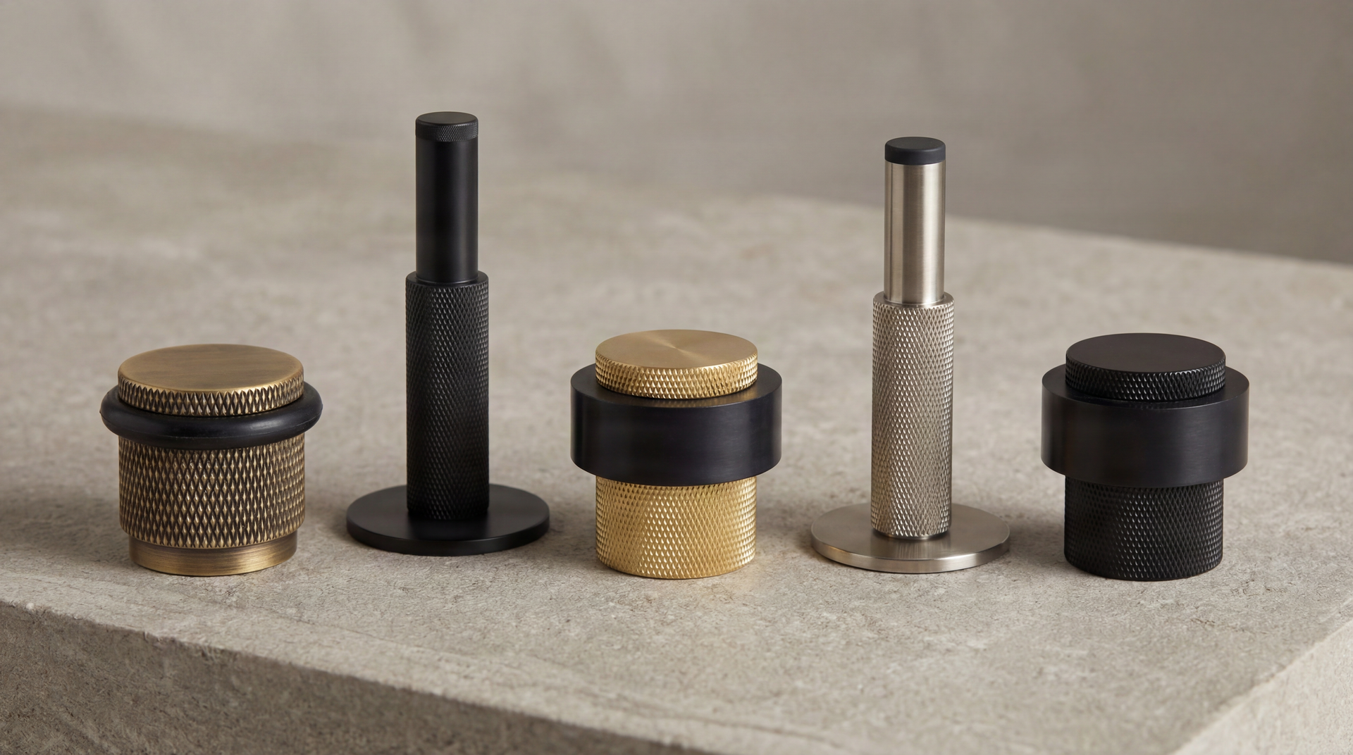 Crafted Door Stops: varied brass, nickel, matte black, knurled textures, stone setting.