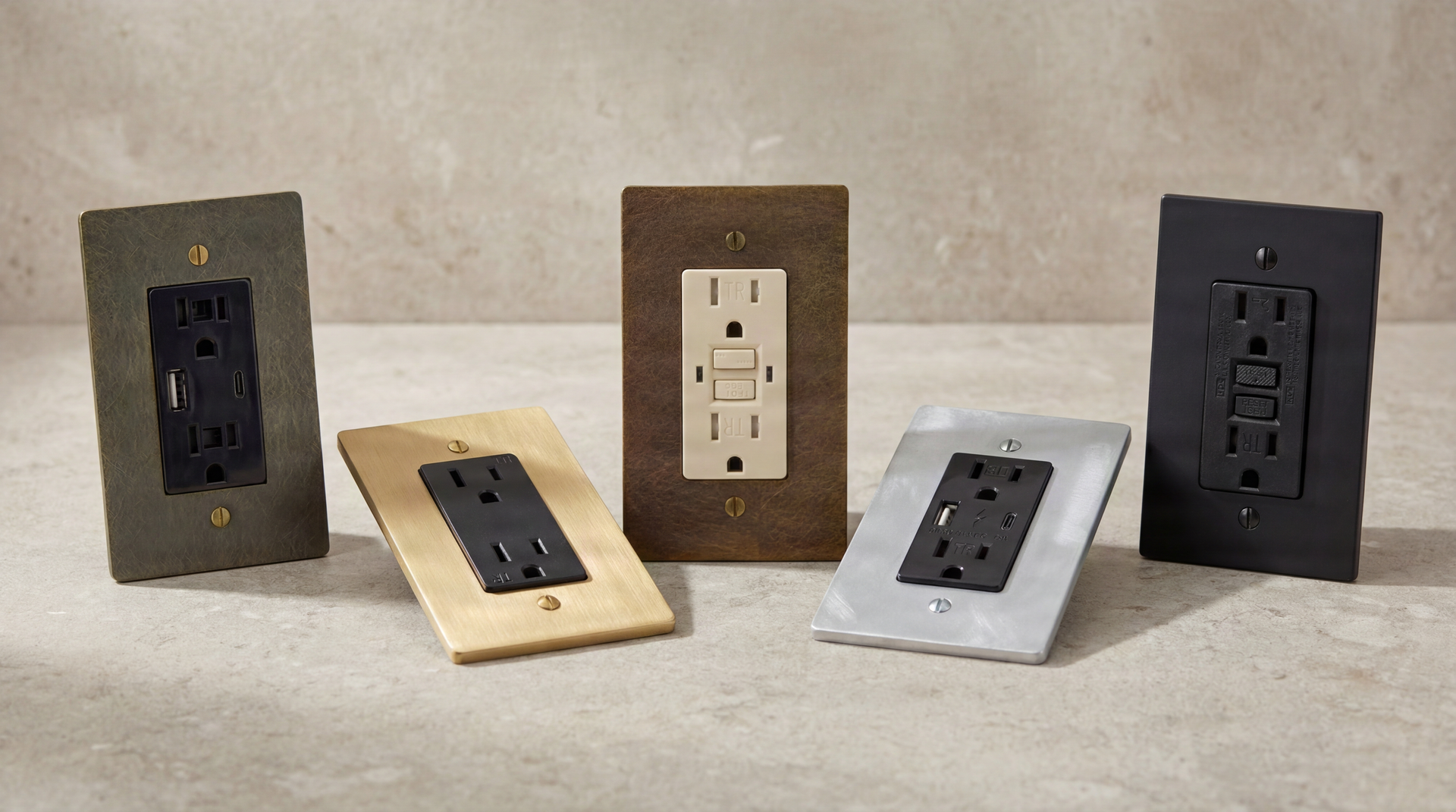 Permanent Metal Workz Electrical Outlets: Five aged, satin, and matte black GFCI, USB, and duplex designs.