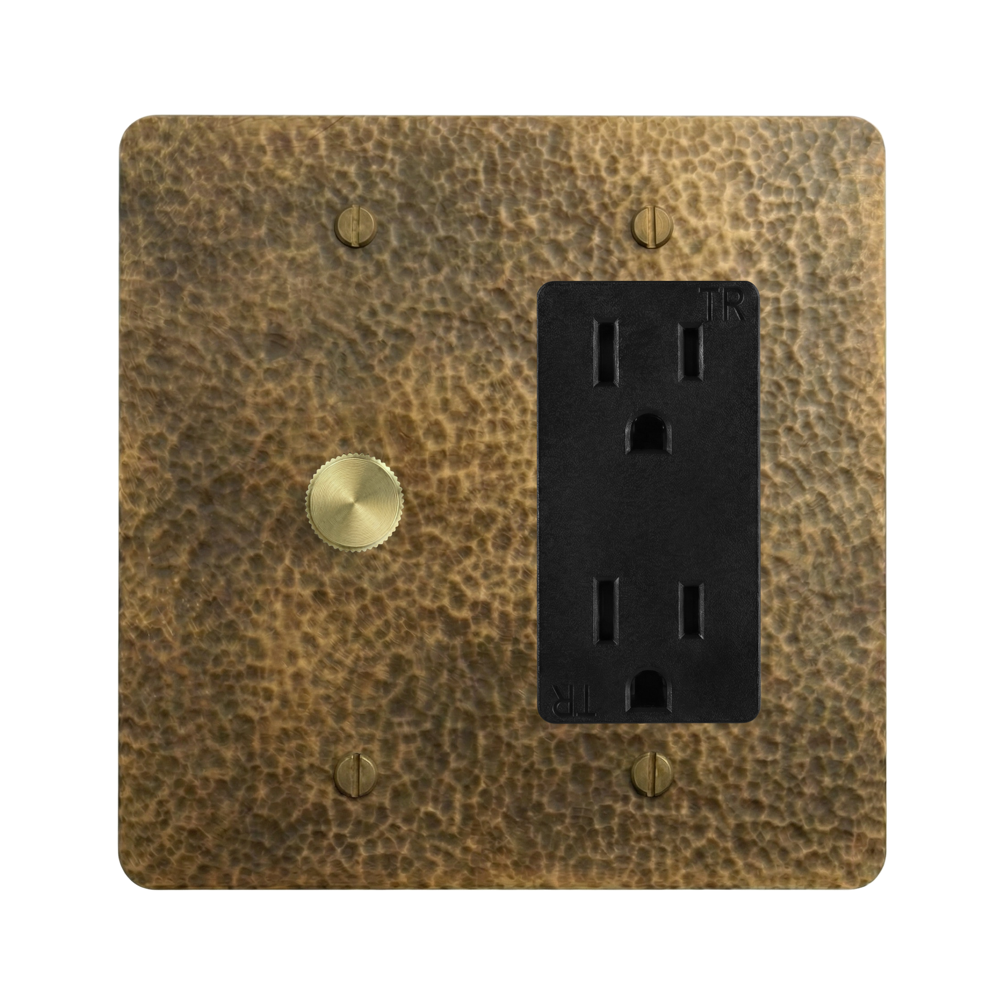 Hammered Brass 2-Gang Dimmer & Duplex Outlet Switch Plate in Black