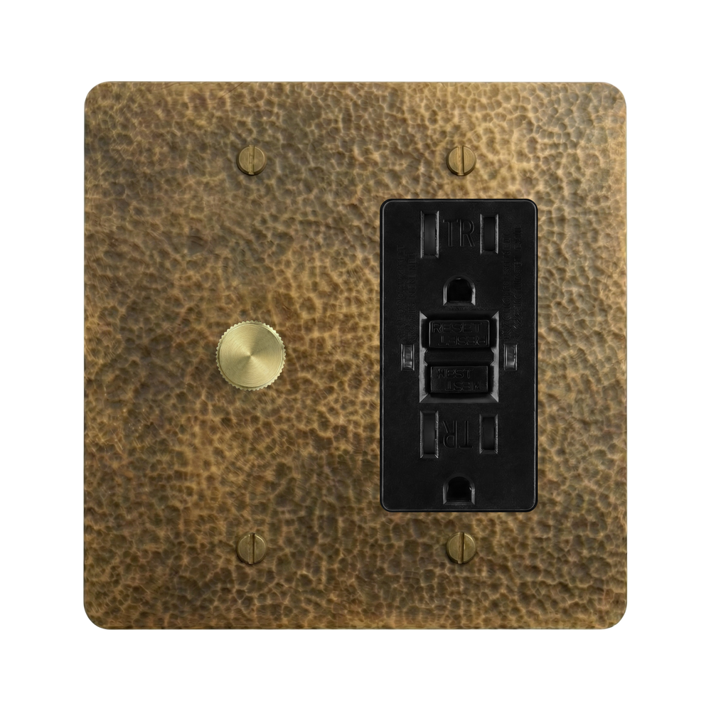 Hammered Brass 2-Gang Dimmer & GFCI Outlet Switch Plate in Black