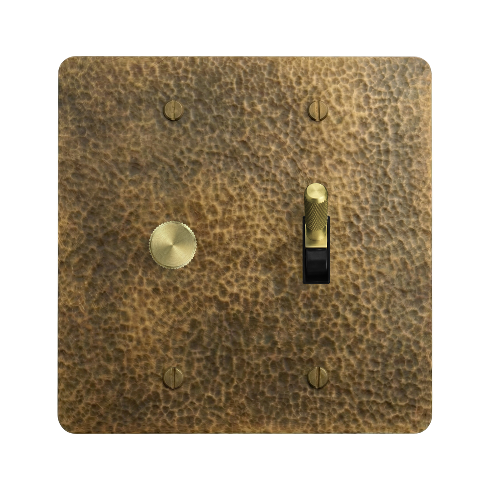 Hammered Brass 2-Gang Dimmer & Toggle Switch Plate in Black
