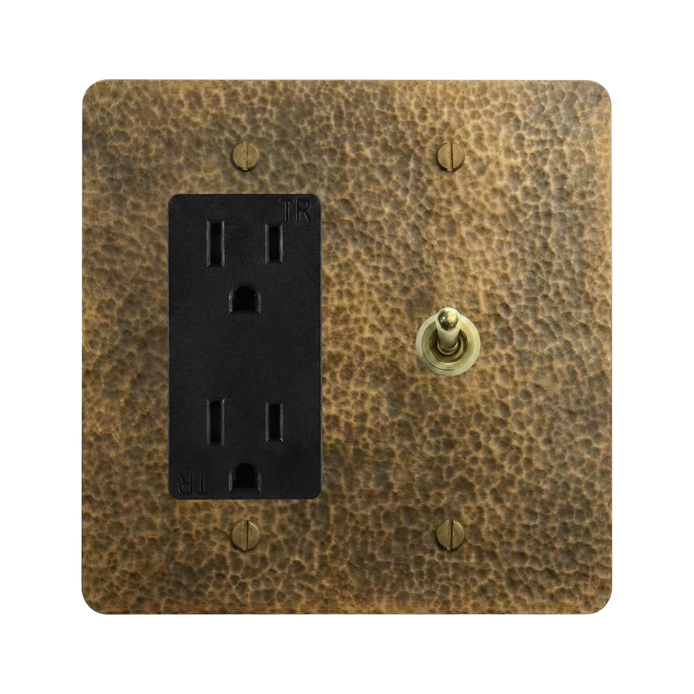 Hammered Brass 2-Gang Duplex Outlet & Vintage Toggle Switch Plate in Black
