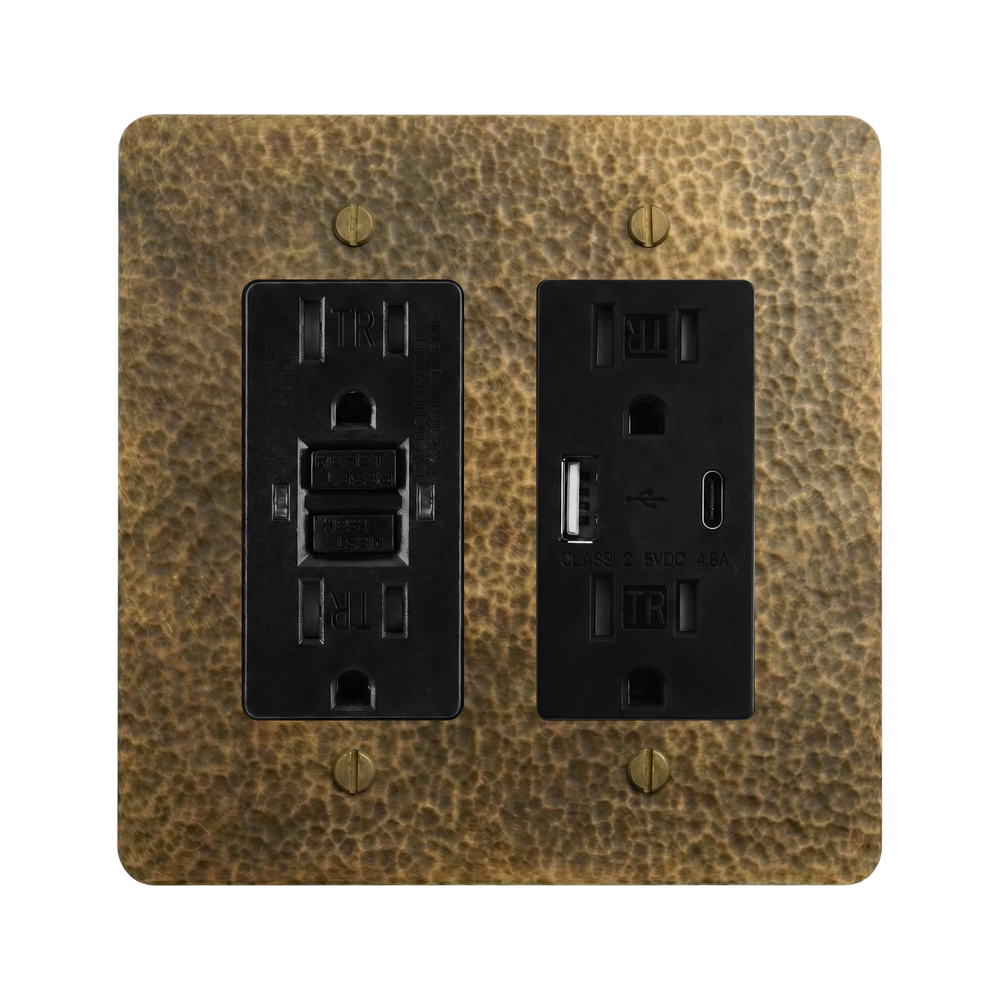 Hammered Brass 2-Gang GFCI Outlet & USB Outlet Switch Plate in Black