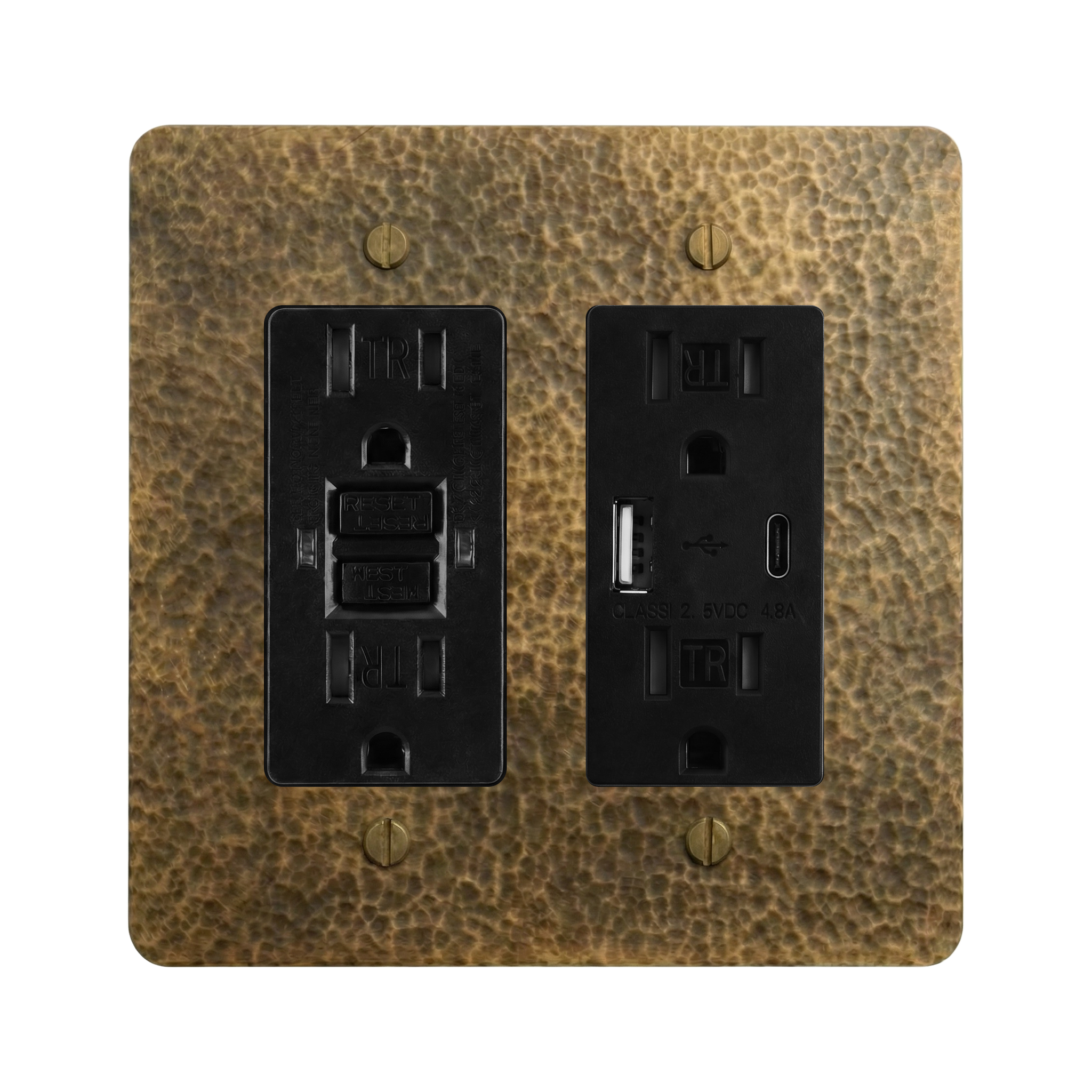 Hammered Brass 2-Gang GFCI Outlet & USB Outlet Switch Plate in Black