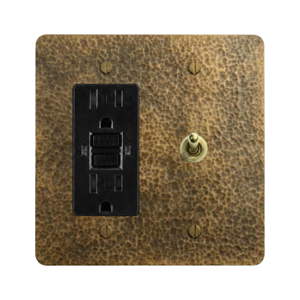 Hammered Brass 2-Gang GFCI Outlet & Vintage Toggle Switch Plate in Black