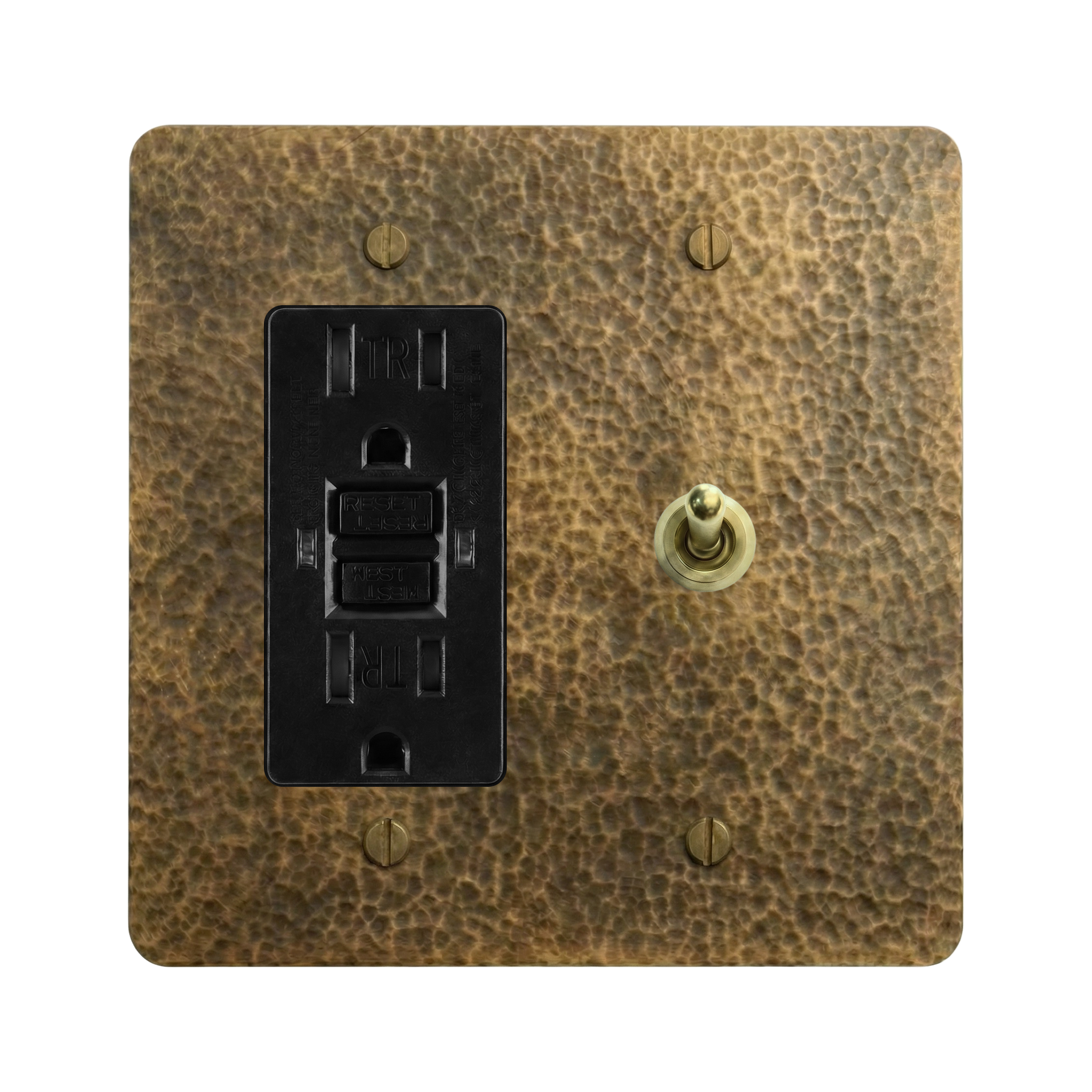 Hammered Brass 2-Gang GFCI Outlet & Vintage Toggle Switch Plate in Black