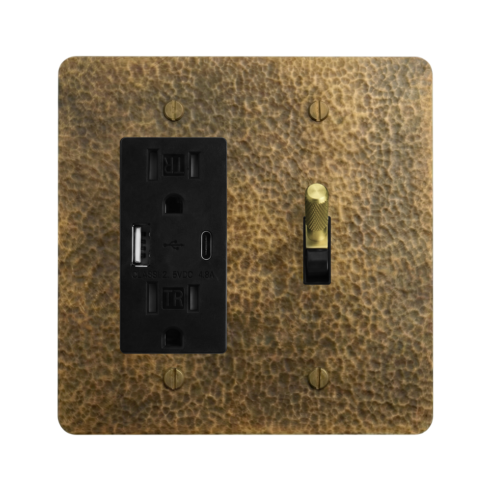Hammered Brass 2-Gang USB Outlet & Toggle Switch Plate in Black