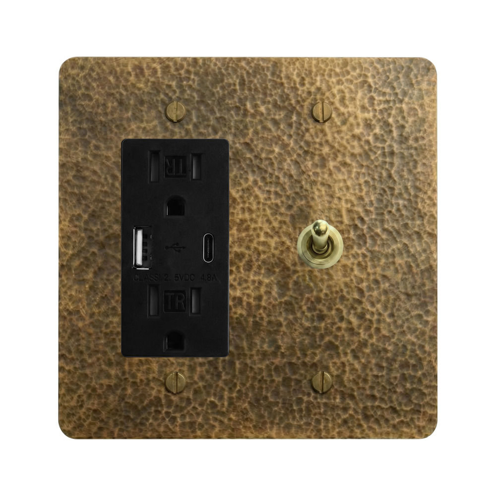 Hammered Brass 2-Gang USB Outlet & Vintage Toggle Switch Plate in Black