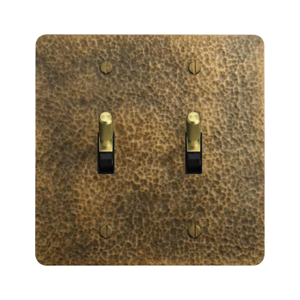 Hammered Brass 2-Gang Toggle & Toggle Switch Plate in Black