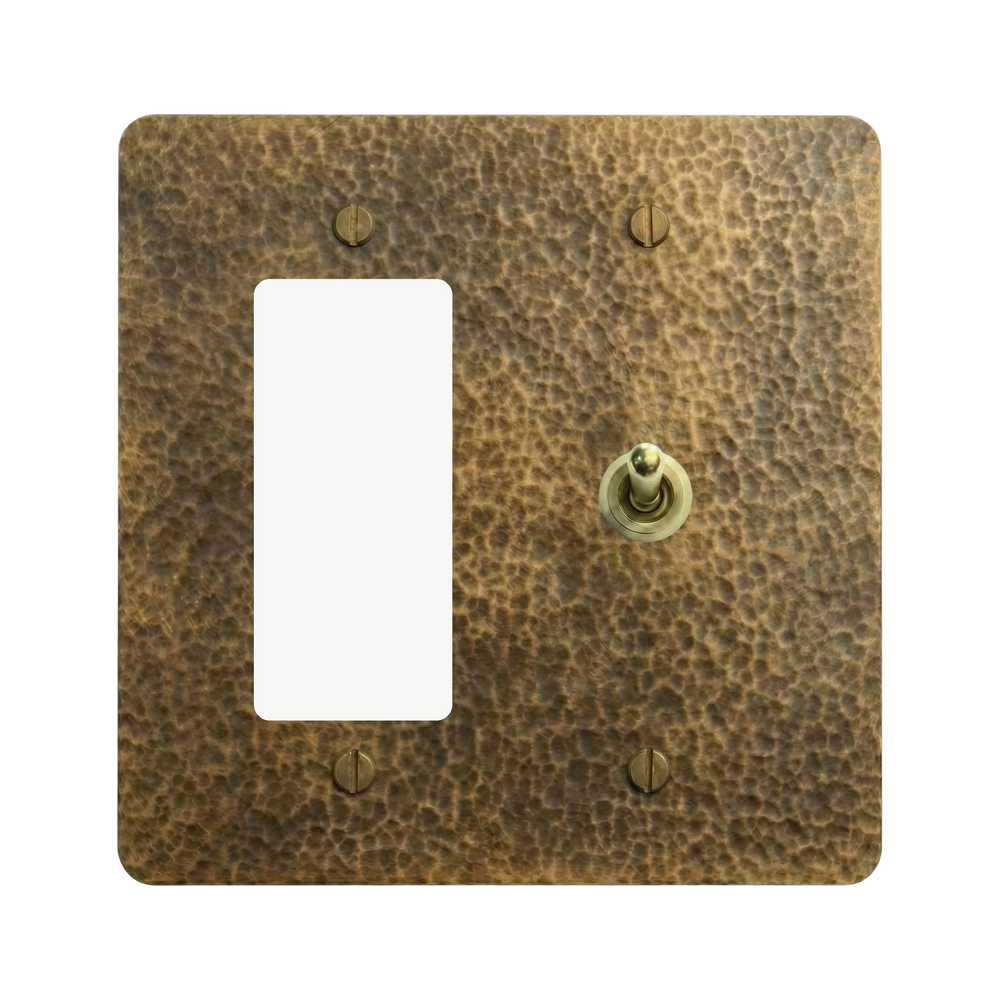 Hammered Brass 2-Gang Decora & Vintage Toggle Switch Plate