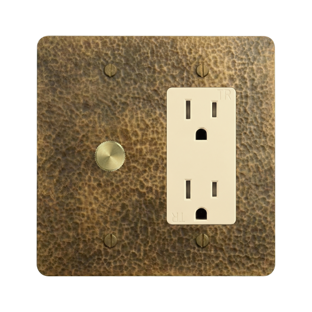 Hammered Brass 2-Gang Dimmer & Duplex Outlet Switch Plate in Ivory