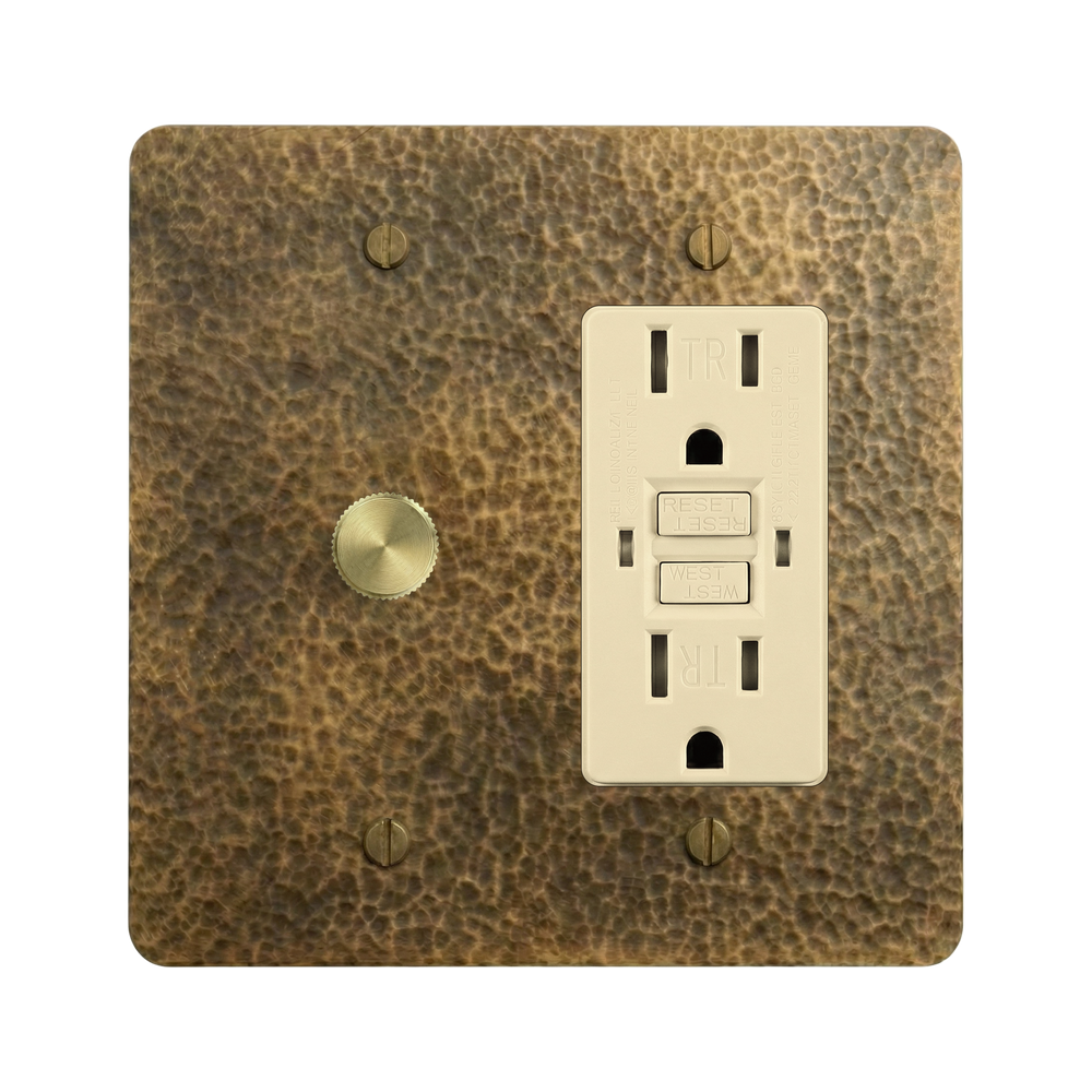 Hammered Brass 2-Gang Dimmer & GFCI Outlet Switch Plate in Ivory