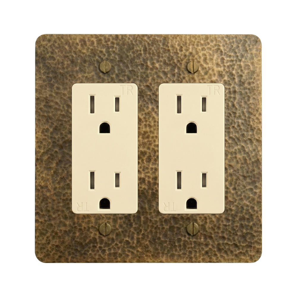 Hammered Brass 2-Gang Duplex Outlet & Duplex Outlet Switch Plate in Ivory