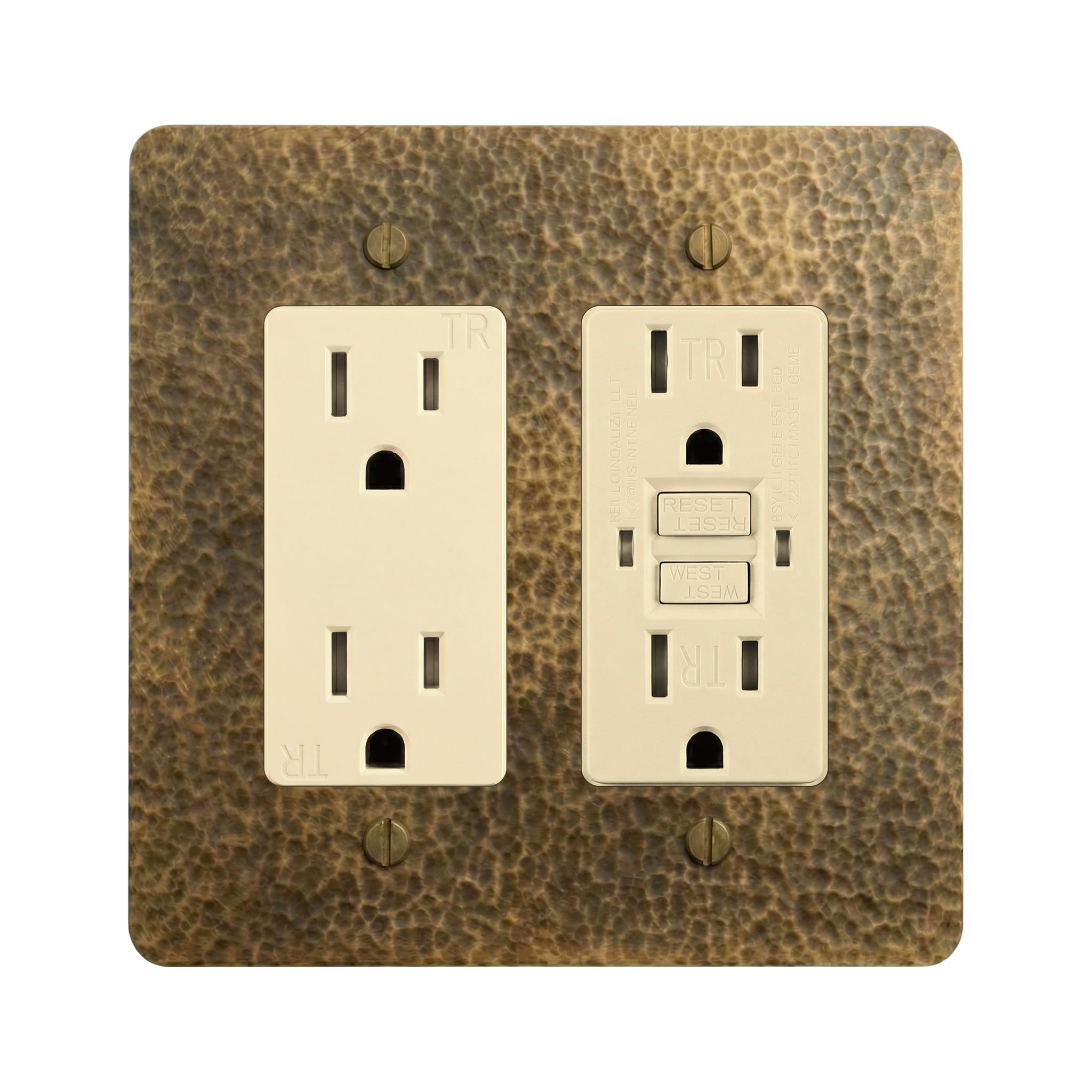 Hammered Brass 2-Gang Duplex Outlet & GFCI Outlet Switch Plate in Ivory
