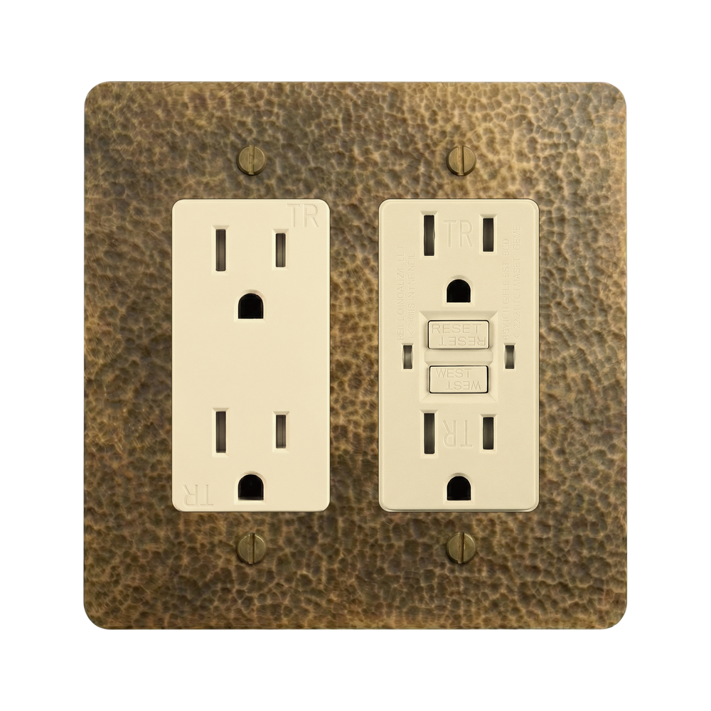 Hammered Brass 2-Gang Duplex Outlet & GFCI Outlet Switch Plate in Ivory