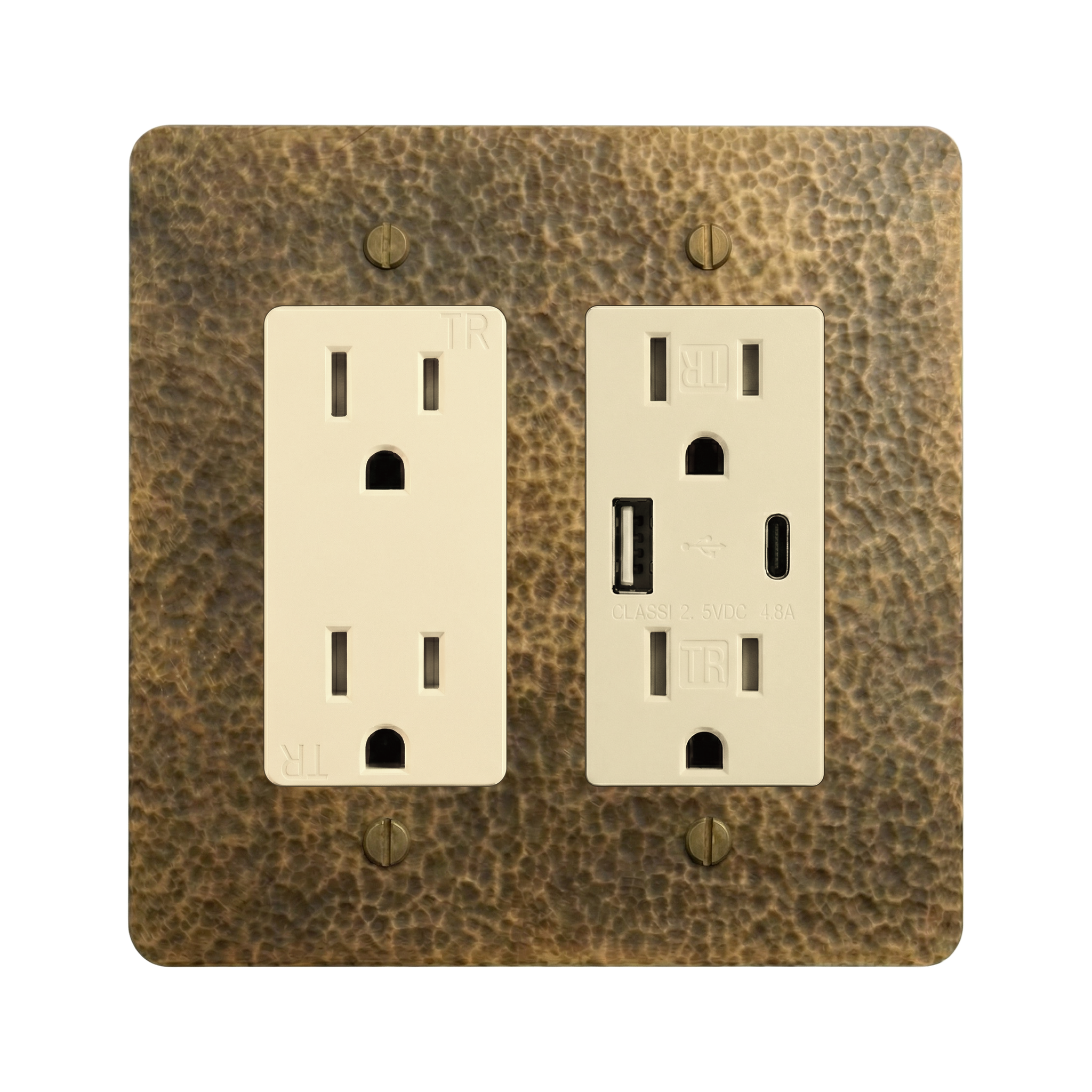 Hammered Brass 2-Gang Duplex Outlet & USB Outlet Switch Plate in Ivory